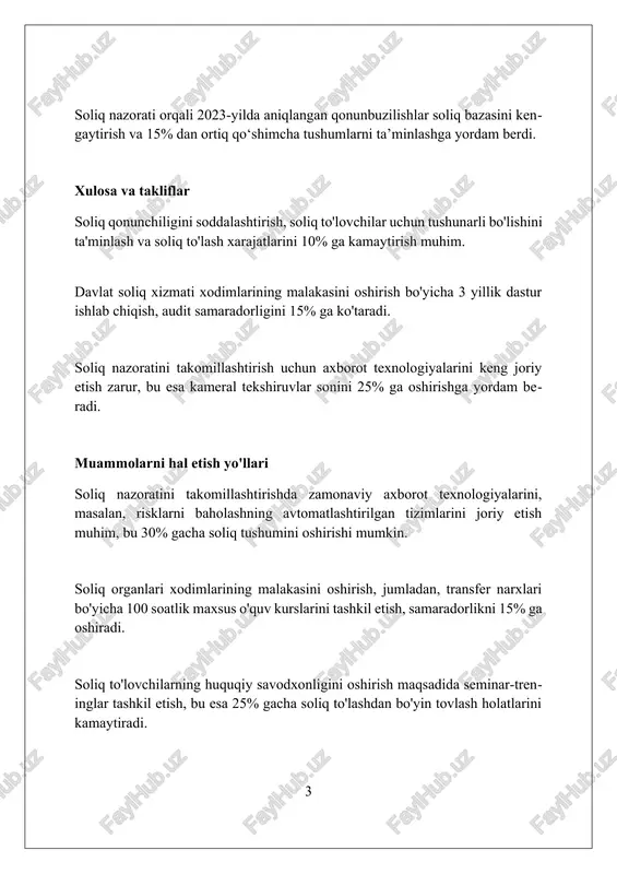 qiladi, har bir tranzaktsiyani qayd etib, 100% hisobotlilikni ta'minlaydi va soxtalashtirish xavfini kamaytiradi. soliq nazoratida risk-menejment tizimlari joriy etilishi, masalan, 80/20 qoidasiga asoslanib, katta soliq to'lovchilarga e'tiborni kuchaytiradi va kam resurslar bilan samaradorlikni oshiradi. soliq nazorati mexanizmlari va usullari kamerals soliq tekshiruvi - bu soliq hisobotlari va boshqa hujjatlar asosida amalga oshiriladigan, soliq bazasini aniqlash va to'g'riligini tekshirish usuli. soliq monitoringi - bu soliq to'lovchilarning moliyaviy-xo'jalik faoliyatini masofadan turib tahlil qilish orqali soliq xavflarini aniqlashga qaratilgan zamonaviy mexanizm. soliq auditi - bu soliq qonunchiligi talablariga rioya etilishini baholash uchun soliq to'lovchining faoliyatini chuqur o'rganishga qaratilgan tekshirish usuli. soliq nazoratining iqtisodiy o'sishga ta'siri soliq nazorati budjetga tushumlarni oshiradi, bu esa davlatning ijtimoiy dasturlarni moliyalashtirish va infratuzilmani rivojlantirish imkoniyatini 15-20 foizga oshiradi. nazorat soliq to'lashdan bo'yin tovlashni kamaytiradi. qonunbuzarliklarni aniqlash orqali, bu iqtisodiyotning o'sishiga 10-12% hissa qo'shadi. samarali soliq nazorati investitsiyalar uchun sharoit yaratadi. biznes muhitini yaxshilash, soliq bazasini 8-10 foizga kengaytirish …