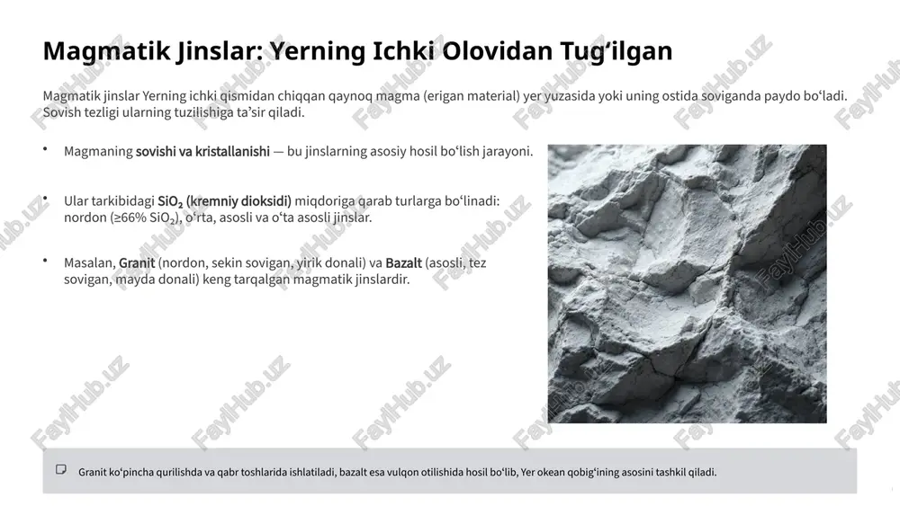 % gʻovaklik jins hajmining boʻshliqlar (gʻovaklar) ulushi. suv, neft va gazni saqlash (kollektor) qobiliyatini belgilaydi. 7 qattiqlik (mohs shkalasi) mineralning chizilishga qarshiligi. kvartsning qattiqligi 7, olmos esa 10. jinslarning pishiqligi va issiq oʻtkazuvchanligi kabi xususiyatlar muhandislik geologiyasida, ayniqsa, tunnel qurish va poydevor loyihalashda hal qiluvchi rol oʻynaydi. tog' jinslari va minerallar bina tanishish 7 togʻ jinslari va minerallarning kundalik hayotdagi roli geologik boyliklar insoniyat sivilizatsiyasining asosi boʻlib, ular biz ishlatadigan har bir narsada mavjud. qurilish materiallari ohaktosh, gil (gʻisht va tsement uchun), qum va shagʻal (beton uchun) kabi jinslar har bir binoning poydevoridir. metall va sanoat temir, mis, oltin, kumush minerallardan qazib olinadi. alyuminiy (boksitdan) samolyotsozlikda ishlatiladi. energiya manbalari neft, tabiiy gaz va koʻmir (choʻkindi jinslar) asosiy yonilgʻi manbalari boʻlib, elektr energiyasi ishlab chiqarishda ishlatiladi. hatto bizning elektron qurilmalarimizdagi yarimoʻtkazgichlar (silitsiy) ham kvarts qumidan olinadi. tog' jinslari va minerallar bina tanishish 8 oʻzbekistonning geologik xazinasi oʻzbekiston boy geologik tuzilishga ega …