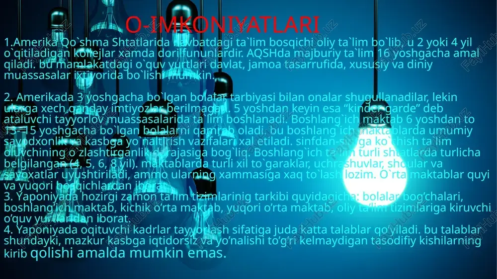 lar o`quvchi uchun mukammal ta`lim olishni ta`minlab bera oladi. albatta barcha davlatlarda bo`lgani kabi rivojlangan davlatlarda ham ta`lim tizimida kuchsiz va xavfli tomonlari ko`zga tashlanadi. rivojlangan davlatlarda ta`lim soxasiga katta e`tibor berilganligi bilan tarbiyaga e`tibor sustroq, albatta bizning mamlakatimizda ta`lim va tarbiya jarayoni birdek olib boriladi. ta`lim bilan tarbiya uzviylikda olib borilsa bundanda yaxshiroq natijalarga erishilsa bo`ladi. image2.png image3.png image4.jpeg image5.jpeg image6.png image7.jpeg bright light bulb idea concept /docprops/thumbnail.jpeg