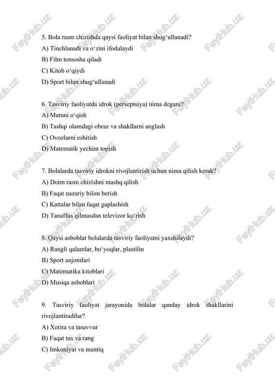 b'ektlarning shakllarini aniqlash va tasvirlash uchun 4. a) qo‘l-motor koordinatsiyasi 5. a) tinchlanadi va o‘zini ifodalaydi 6. b) tashqi olamdagi obraz va shakllarni anglash 7. a) doim rasm chizishni mashq qilish 8. a) rangli qalamlar, bo‘yoqlar, plastilin 9. a) xotira va tasavvur 10. a) vizual-spatial idrok 11. a) tasviriy faoliyatning sifatiga to‘g‘ridan-to‘g‘ri ta'sir ko‘rsatadi 12. a) e'tibor va xotira bilan 13. a) ob'ektni to‘g‘ri ko‘rish va ifodalash qobiliyati 14. a) 3-6 yosh 15. a) rang va shakllar orqali 16. a) tashqi olamni yaxshiroq tushunish 17. a) bolalarda idrok va tasavvurni rivojlantiradi 18. a) faoliyatga qiziqish uyg‘otadi 19. a) ranglar, shakllar, nisbatlar 20. a) bilim va ijodiy qobiliyatlarni image1.png