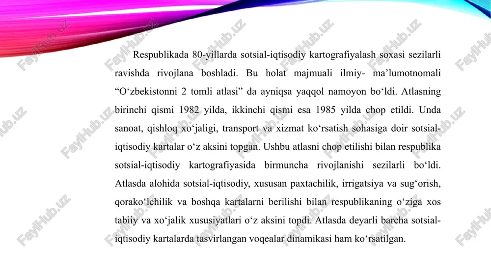 k ko‘rsatkichlarini (quvvat, korxona tipi, xom-ashyo turi, qayta ishlash usuli va b.) ifodalovchi; sanoat ob’yektlarining iqtisodiy ko‘rsatkichlari bo‘yicha (mahsulotning asosiy turlarini natural, yoki pul hisobida ishlab chiqarish xajmini, asosiy fondlar qiymatini, ishchilarning o‘rtacha yillik sonini, kapital mablag‘lar xajmini va b.); sanoat korxonalari samaradorligini ko‘rsatkichlarini tasvirlaydigan (kapital mablag‘lar xajmi, xom ashyoni, materiallarni, mahsulot tannarxi, fondlarning samaradorligi, rentabelligi, mehnat unumdorligi, jami ishlab chiqarish xarajatlari va b.); sanoat ob’yektlarining artof-muhitga bo‘lgan ta’siri bilan bog‘liq ko‘rsatkichlarni o‘zida namoyon etadigan (suv manbaalarining ifloslanishi, sanoat tashlama suvlarining miqdori, radiatsiya darajasi, ifloslantiruvchi ob’yektlarning turlari, tozalagich qurilmalar tizimi va b.) qishloq xo‘jaligini kartografiyalash qishloq xo‘jaligini kartografiyalash o‘ziga xos xususiyatlarga ega. chunki qishloq xo‘jalik ishlab chiqarishi murakkab hududiy ishlab chiqarish tizimini shakillantiradi. uni tavsiflash uchun ko‘p ko‘rsatkichlar majmui qo‘llaniladi. kartada tarmoqlar rivojlanishining sotsial-iqtisodiy shart-sharoitlarini, qishloq xo‘jaligi ishlab chiqarishi strukturasini, uning morfologik, tipologik va funksional xususiyatlarini tasvirlash zarurdir. qishloq xo‘jaligi kartalarining mavzui kartografiyalashtirilayotgan tuman, tabiiy va sotsial-iqtisodiy xususiyatlarini xisobga olgan …