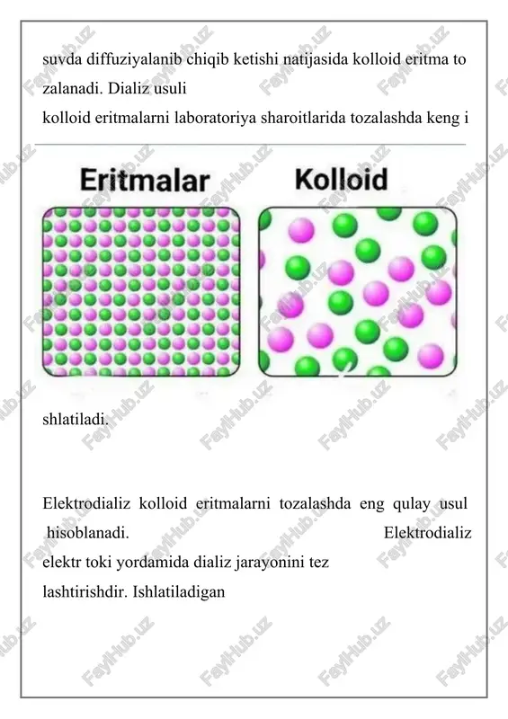 eritmalar zol deb ataladi. zollarni nomlashda dispersion muhitni hosil qiluvchi modda asos qilib olinadi: dispersion muhit suv boʻlsa, gidrozol, organik modda boʻlsa, organzol, keyingilari kimyoviy tarkibiga koʻra benzozol, alkozol va boshqa deyiladi. agar dispersion muhit gaz boʻlsa, bunday zol aerozol, suyuq dispersion muhitga ega boʻlgan zollar esa liozollar (yun. lios — suyuqlik) deb ataladi. dispers faza zarrachalari bilan dispersion muhit zarrachalari orasidagi bogʻlanishga qarab, kolloid eritmalar liofob va liofil zollarga boʻlinadi. liofob zollarga dispers platina, kumush, oltingugurt zollari misol boʻla oladi. liofil zollarda esa bu bogʻlanish kuchli boʻladi, ularga oqsil, jelatina, pepsin va yuqori molekulyar moddalarning eritmalari kiradi. kolloid eritmalar sanoat, qishloq xoʻjaligi va tibbiyotda muhim rol oʻynaydi. barcha tirik organizmlar toʻqimalari va hujayralarining asosini tashkil etuvchi oqsil, nuklein kislotalar, kraxmal, glikogen kabi moddalar kolloid eritmalar holida uchraydi. tuproqning unumdorligi uning kolloid eritmalar xrlidagi qismining fizik-kimyoviy xossalariga, sement, chinni, keramika, sir va boʻyoqlar sifati ularning disperelik darajasi hamda kolloid eritmalarning …