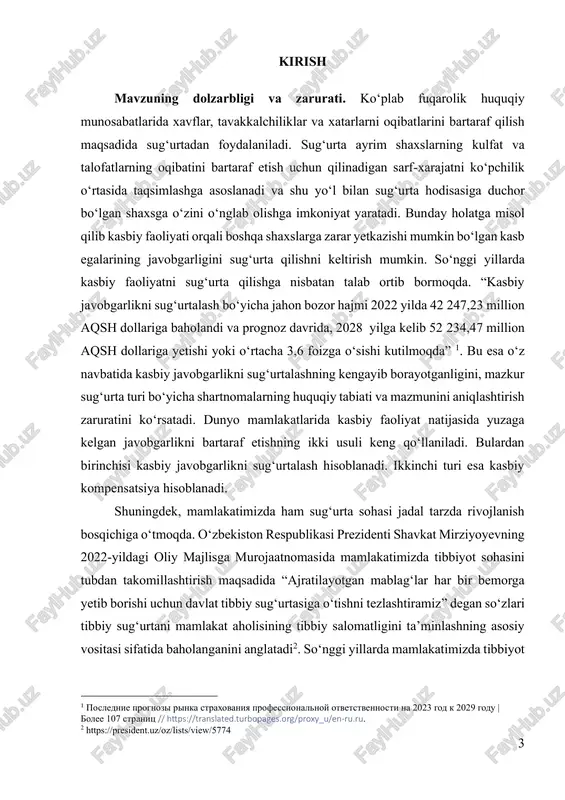 ‘ligiga zarar yetkazish holatlari ko‘paymoqda. ushbu muammolarni bilan bog‘liq moliyaviy yo‘qotishlarni bartaraf qilishning samarali yechimi sifatida kasbiy javobgarlikni majburiy sug‘urtasini joriy qilish lozim. bu mexanizm shifokorlarning kasbiy ma’suliyatga nisbatan javobgarligini yana ham yuqori belgilashga imkon beradi. tibbiyot sohasi bilan bog‘liq kasbiy faoliyat turlarining ham majburiy sug‘urta qilinishi yurtboshimiz aytgan aholi salomatligini ta’minlashg oid muhim ahamiyatga ega maqsadlarga erishilishini ta’minlaydi. o‘zbekiston respublikasi prezidentining 2019-yil 5-apreldagi 5464-son “o‘zbekiston respublikasi fuqarolik qonunchiligini takomillashtirish chora- tadbirlari to‘g‘risida”gi farmoyishi asosida tasdiqlangan “o‘zbekiston respublikasining fuqarolik qonunchiligini takomillashtirish konsepsiyasi”ga ko‘ra o‘zbekiston respublikasi fuqarolik kodeksida fuqarolik qonunchiligining muhim tushuncha va institutlarini belgilash borasidagi asosiy hujjat maqomini berish maqsadida mavjud tushuncha (atama)larni qayta ko‘rib chiqish va yangilarini kiritish lozim ekani ta’kidlangan3. bunga muvofiq kasbiy javobgarlikni sug‘urta qilish sohasida “fuqarolik javobgarlik” va “kasbiyjavobgarlik” tushunchalarining asl mohiyati normativ-huquqiy hujjatlarda aniqlashtirilishi lozim. chunki bugungi kunda normativ-huquqiy hujjatlarda kasbiy faoliyat sug‘urtalanishiga nisbatan “kasbiy javobgarlik” tushunchasi o‘rniga “fuqarolik javobgarlik” tushunchasi qo‘llanmoqda. bu huquqni qo‘llashdagi …