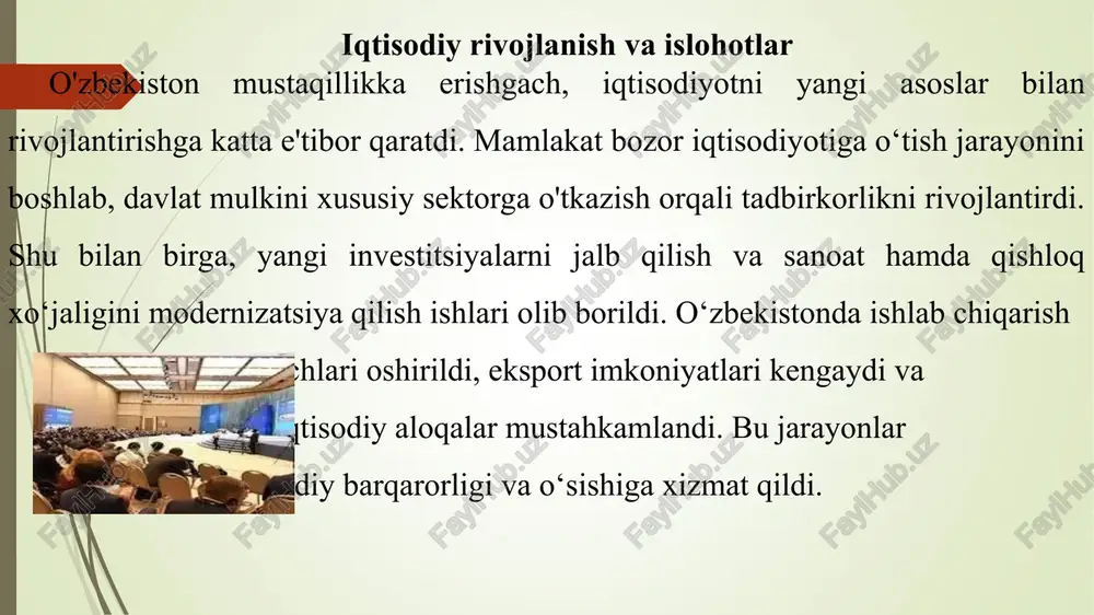 susiy mulk rivojlandi — davlat korxonalari xususiylashtirildi, natjada tadk subyektlari bo'ldi. investitsiyalar jal qilindi — chet ellik investorlar, ayniqsa janubiy koreya, xitoy va rossiya bilan iqtisodiy hamkorlik kuchaydi. tarixiy meros asrab qolindi- samargand, buxoro, xiva kabi shaharlardagi tarixiy obidalar tiklanib, unesco ro'yxatiga kiritildi. ta’lim muassasalari ko‘paydi-— mustadgillikdan keyin yangi maktablar, kollejlar va oliygohlar qurildi, ta’lim sifati oshirildi. milliy festivallar joriy etildi—"asrlar sadosi", "navro'z' va boshqa madaniy tadbirlar orqali xalq urf-odatlari keng targ‘ib qilindi. o'zbekiston mustaqillikdan keyin o'zining mustaqil tashqi siyosatini yo'‘lga qo'ydi. mamlakat bmt va boshqa xalqaro tashkilotlarga a’zo bo'ldi. xalqaro hamkorlik sohasida iqtisodiy va madaniy alogalar kuchaydi.