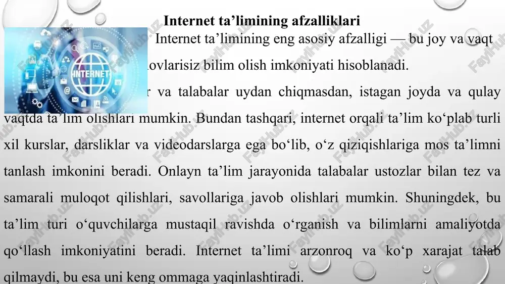 , 2022. nternet ta’limi joy va vaqt cheklovlarisiz bilim olish imkonini beradi. o‘quvchilar mustaqil o‘rganish va bilimlarni amaliyotda qo'llash imkoniyatiga ega. onlayn kurslar va videodarslar orqali turli sohalarda o‘qish mumkin. talabalar ustozlar arzonroq va ko‘p bilan onlayn tarzda xarajat talab samarali muloqot qilmaydi. qilishadi. internet ta’limi nf : th an onlayn kurslar va webinarlar yordamida video darslar ko‘riladi va topshiriqlar bajariladi. masofaviy ta’lim platformalari o‘quvchilar va o‘qituvchilar o'rtasida bog'lanishni ta’minlaydi. zoom, microsoft teams, google meet kabi vositalar jonli darslar uchun ishlatiladi. elektron kitoblar va audio darsliklar ta’limda qo'llaniladi. mobil ilovalar va o'quv portallari bilimlarni mustahkamlash uchun qulay vositalardir. internet sifati va tezligi past bo'‘lishi ta’lim jarayonini qiyinlashtiradi. shaxsiy mulogotning cheklanganligi bilim olishni sekinlashtiradi. onlayn ta’limda o'quvchilarning motivatsiyasi past bo'‘lishi mumkin. yechim sifatida internet tarmoqlarini yaxshilash va o‘qituvchilar tomonidan rag ‘batlantirish zarur.