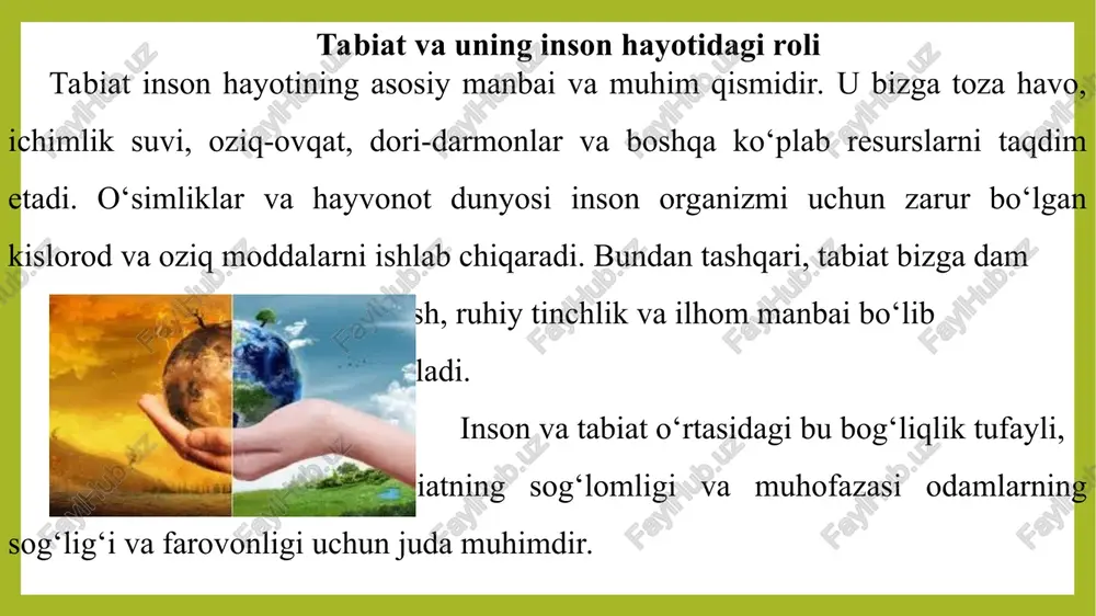 onlarning kesilishi yerlarning eroziyasiga olib keladi. qishlog xo'jaligi faoliyatituproq va suv resurslarini kamaytiradi. shaharsozlik natijasida tabiiy muhit buziladi va hayvonlar yashash joyidan mahrum bo'ladi. atrof-muhitga zarar yetkazish iglim o'zgarishlariga olib keladi. chigindilarni kamaytirish va ularni to'g'ri utilizatsiya qilish kerak. suv, havo va o‘rmon resurslaridan oqilona foydalanish muhim.