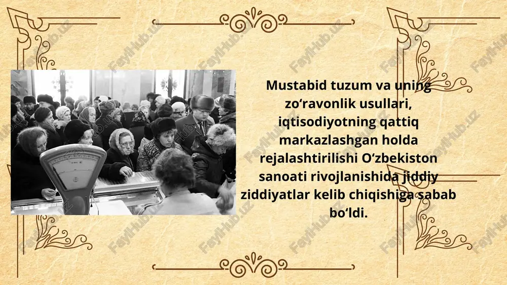 lar ishlab chiqarardi. texnik jihatdan qoloqlik va mutaassiblik holatlari qiyinchilik bilan bardavom toptirilardi. mashinasozlik va boshqa zavodlar eskirib qolgan konstruktsiyadagi mahsulotlar chiqarishardi. yengil va oziq-ovqat sanoati esa “qoldiq” prinsipiga bog‘lab qo‘yilgan edi. foydalanilgan adabiyotlar: 1.o’zbekistonning eng yangi tarixi (ii kitob) ‘’sharq’’. toshkent.2000y. 2.www.wikipedia.org e’tiboringiz uchun rahmat image1.jpeg image2.jpeg image3.jpeg image4.jpeg image5.png image6.jpeg image7.png image5.svg image8.png image7.svg image9.png image9.svg image10.png image11.png image12.svg image12.png image14.svg image13.png image14.jpeg image15.png image18.svg image16.png image20.svg image17.png image18.jpeg image19.png image20.png image21.png image22.png image23.png image24.png image25.png image26.png image27.png image28.png image29.png av epos —— tower tkhmashthk komomhathhhht tkybhhch lt.ka3anuesa aus yeruaa. 1974 dun. /docprops/thumbnail.jpeg ‘andijon davit universitet tarx fakultet tarixtalim yo'nalishi pbosqich 301-guruh talabasi ahmadaliyeva nodiraning ~ o'zhekiston tarix” fanidan tayyorlagan tagdimoti