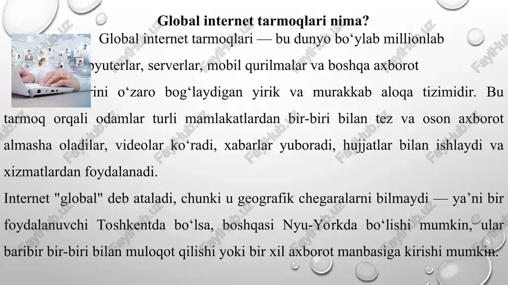 va oson aloqa qiladi. global internet chegarasiz axborot almashish imkonini beradi. internetdan haddan ortiq foydalanish vaqt va sog'liqka salbiy ta’sir qilishi mumkin. tibbiyot, bank, davlat xizmatlari internet orqali tez amalga oshmoqda. internet odamlar o'rtasidagi mulogotni osonlashtirdi. onlayn ta’lim orqali bilim olish imkoniyatlari kengaydi. elektron tijorat va masofadan ishlash imkoniyati paydo bo'ldi. dunyodagi birinchi veb- sayt 1991- yilda ishga tushgan va hali ham faol. internet orqali har kuni milliardlab elektron xatlar yuboriladi. “google” dunyodagi eng ko‘p tashrif buyuriladigan veb-saytlardan biridir. “wi-fi” so‘zi hech qanday maxsus qisqartma emas — bu shunchaki brend nomi. har bir daqiqada youtube’ga yuzlab soatlik videolar yuklanadi.