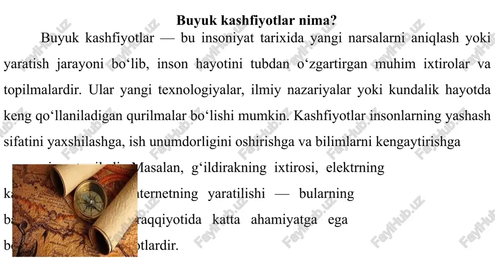 . bosma matbaa bilimlarni tez va keng tarqatishga imkon berdi. internetning paydo bo'lishi axborot almashishning yangi davrini boshlab berdi. kashfiyotlar ish jarayonlarini tezlashtirdi va samarali qildi. kashfiyotlar jamiyatlarni birlashtirib, madaniyatlararo alogalarni kuchaytirdi. internet orqali ta’lim va mulogot yanada rivojladi. transport vositalari odamlar va mahsulotlarni uzoq masofalarga yetkazishga yordam berdi. elektr energiyasi kundalik hayotni yengillashtirdi va yangi imkoniyatlar yaratdi.