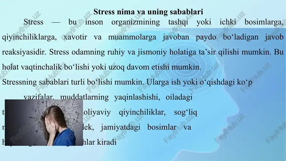 m muammolariga olib kelishi mumkin. ruhiy zo‘rigish insonning ijtimoiy munosabatlariga ta’sir qilishi va yolg‘izlikka olib kelishi mumkin. diqqatni jamlash va qaror qabul qilish qiyinlashadi. jismoniy mashqlar yetarli dam olish sevimli kayfiyatni va sifatli uyqu mashg‘ulotlarga yaxshilaydi va stressga qarshi vaqt ajratish zo‘rigishni kurashishda stressni kamaytiradi. muhim. kamaytiradi. chuqur nafas olish stressni kamaytirishga yordam beradi.