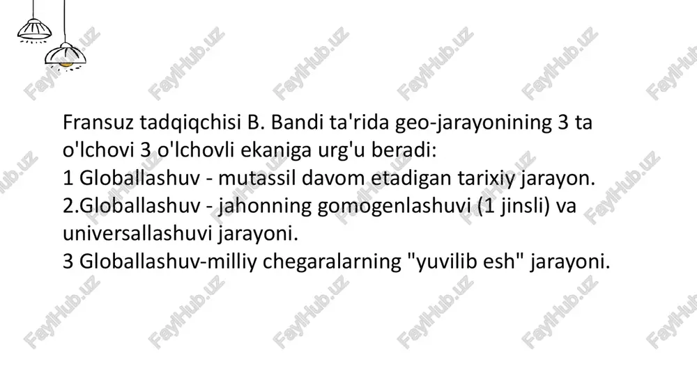 masalalari dolzarb bo‘lib, bu tamoyillar barqaror taraqqiyot uchun poydevor hisoblanadi. identitet va ma’naviyat: global massaxborot oqimi va madaniy almashinuv davomida milliy va mahalliy identitetni saqlash, madaniy xilma-xillikni rivojlantirish muhim ahamiyat kasb etadi. ekologik ong: atrof-muhit muhofazasini ta’minlash va resurslarni oqilona boshqarish uchun global hamkorlik, xalqaro shartnomalar va ekoinnovatsiyalar asosiy rol o‘ynaydi. sistemali yondashuv: barqaror taraqqiyotga erishish uchun iqtisodiy, ijtimoiy va ekologik sohalarni yagona tizim sifatida ko‘rib chiqish zarur. bu yondashuv orqali ijobiy va salbiy tomonlarni sintez qilish, kompromis va innovatsion yechimlar izlash mumkin. globallashuv jarayoni barqaror taraqqiyotga turli yo‘nalishlarda ta'sir ko‘rsatadi. ijobiy tomonlari – iqtisodiy o‘sish, madaniy almashinuv, ilmiy va texnologik innovatsiyalar hamda ekologik hamkorlik orqali resurslardan samarali foydalanishni ta’minlashda namoyon bo‘ladi. shu bilan birga, iqtisodiy notekislik, madaniy homogenizatsiya va ekologik bosim kabi salbiy ta’sirlar ham mavjud. falsafiy tahlil bu ikki yo‘nalish o‘rtasida muvozanatni izlash va global hamkorlik orqali adolatli, barqaror va ma’naviy jihatdan boy jamiyat qurish muhimligini ta’kidlaydi. ushbu …