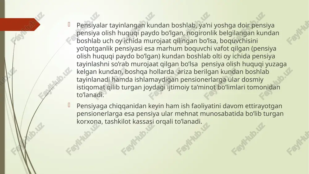 eng kam oylik ish haqining 100 foizi, otaonasining biridan judo bo’lgan to’liq davlat ta’minotida bo’lgan yetim bolalarga esa eng kam oylik ish haqining 50 foizi miqsorida to’lanadi va ushbu summa bolaning nomiga xalq bankida ochilgan omonat schetiga o’tkazib qo’yiladi. qariyalar va nogironlar internat uylarida (pansionatlarida) yashovchi yolg’iz pensionerlarga pensiya bilan ular ta’minoti uchun sarfxarajat o’rtasidagi farq, lekin tayinlangan pensiyaning kamida 10 foizi, urush nogironlariga esa kamida 20 foizi to’lanadi. ruhiy bemorlar internat uylarida yashovchi pensionerlarga pensiya to’lanmaydi. pensioner stasionar davolanishda (kasalxonada yotib davolangan) bo’lgan vaqt uchun pensiya to’liq to’lanaveradi. pensioner sodir etilgan jinoyati uchun ozodliqsan mahrum etilgan yoki qamoq jazosiga hukm etilgan bo’lsa, pensiya to’lash u jazoni o’tayotgan davrda to’xtatib qo’yiladi va jazoni o’tab chiqqanidan so’ng bergan arizasiga binoan uni to’lash qayta tanlanishi mumkin. ishlab turgan pensionerlarga pensiya to’lashning alohida qoidalari o’zbekiston respublikasi prezidentining 1995 yil 20 noyabrdagi «ishlovchi pensionerlarga to’lanadigan pensiyalar haqidagi» hamda 1995 yil 28 dekabrdagi «ulug’ vatan …