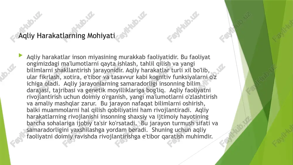 echish va ijodiy fikrlash intellektual salohiyatni aniqlash insonning intellektual qobiliyatlarini baholash jarayonidir. bu jarayon turli xil testlar va baholash usullaridan foydalanish orqali amalga oshiriladi. intellektual salohiyatni aniqlash uchun iq testlari, psixometrik testlar va boshqa ko'plab usullardan foydalaniladi. bu testlar insonning mantiqiy fikrlash, xotira, e'tibor va boshqa kognitiv qobiliyatlarini o'lchaydi. intellektual salohiyatni aniqlash natijalari insonning intellektual rivojlanish darajasini va uning potentsial imkoniyatlarini aniqlashga yordam beradi. ammo bu natijalar mutlaq haqiqat emas, chunki ular insonning intellektual qobiliyatlarining faqat bir qismini aks ettiradi. intellektual salohiyatni aniqlash natijalaridan foydalanib, inson o'zining kuchli va kuchsiz tomonlarini aniqlay oladi va o'zining intellektual rivojlanishi uchun maqsadlarni belgilab oladi. intellektual salohiyatni aniqlash intellektual salohiyatni rivojlantirish uchun doimiy o'rganish va yangi bilimlarni o'zlashtirish muhimdir. bu jarayon o'qish, yozish, hisoblash va boshqa turli xil faoliyatlar orqali amalga oshiriladi. yangi tillarni o'rganish, muammolarni hal qilish, ijodiy ishlar bilan shug'ullanish ham intellektual rivojlanishga yordam beradi. sport bilan shug'ullanish, to'g'ri ovqatlanish va yetarli …