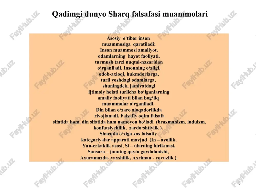 sizm – xitoyning kadimiy falsafiy ta’limoti daosizm – xitoyning qadimiy falsafiy ta’limoti, olamning tuzilishi va mavjudligi (yashashi)ni tushuntirishga va inson, tabiat, koinot yurishi kerak bo’lgan yo’lni topishga xarakat qiladi. bu ta’limot asoschisi lao szi (keksa ustoz) – mil. avv vi – v aa. yashagan. asosiy manbalari - "daotszin" va «detszin»falsafiy yozmalar (traktatlar), birgalikda «daodetszin» deb nomlanadi. "dao " – ikkita ma’noga ega: birinchidan, bu inson va tabiat uz rivojlanishida o’tishi kerak bo’lgan yo’l, olamning borligini ta’minlab beruvchi umumbashariy qonun; ikkinchidan, bu butun olam yaralgan substansiya, energetik bo’shliq bo’lgan birinchi borliq. daosizm falsafasining asosiy g’oyalari olamni tashkil etuvchi materiya yagonadir; tabiatda materiyaning aylanmasi mavjud («xamma narsa yerdan chiqadi va yerga kiradi»), ya’ni bugungi inson kecha olamdagi boshqa bir formada bo’lgan - tosh, daraxt, hayvon qismlari, va inson o’limidan so’ng uning a’zolari boshqa bir xayot formasi va hodisalar uchun qurilish materiali bo’lib xizmat qiladi; * xususiyatlari konfutsianchilik – kadimiy falsafiy maktab, insonnni …