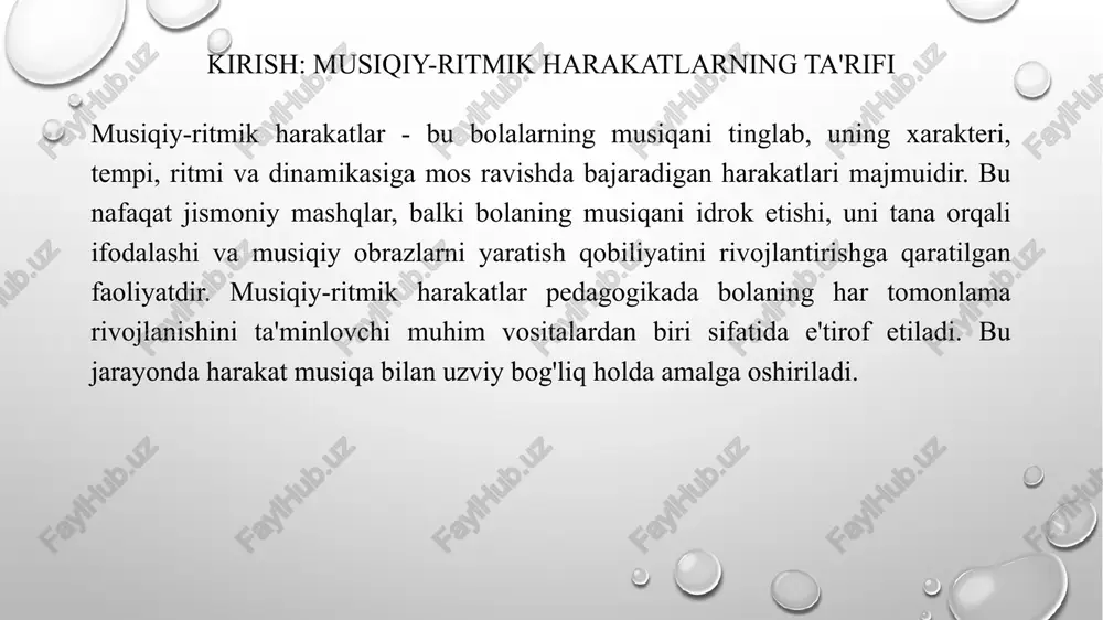 iy metodlari (2) o'yin metodi musiqiy-ritmik harakatlar mashg'ulotlarida eng samarali metodlardan biridir. o'yin shaklida o'tilgan mashg'ulotlar bolalarni zeriktirmaydi, ularning faolligini oshiradi va o'rganish jarayonini qiziqarli qiladi. rollik o'yinlar, syujetli o'yinlar, musiqiy didaktik o'yinlar orqali bolalar musiqani tinglashni, uni tushunishni va unga mos harakat qilishni oson o'rganadilar. bu metod bolalarning ijodkorligini va emotsional ifodaliligini rivojlantirishga yordam beradi. o'rgatishning asosiy tamoyillari (1) tizimlilik va izchillik tamoyili musiqiy-ritmik harakatlarga o'rgatishda muhim ahamiyatga ega. mashg'ulotlar oldindan tuzilgan reja asosida, murakkablik darajasi oshib boradigan tartibda olib borilishi kerak. oddiy harakatlardan murakkabroqlariga o'tish, avval o'rganilgan ko'nikmalarni mustahkamlash va yangilarini o'zlashtirish jarayonining uzluksizligini ta'minlash zarur. bu bolalarning harakat ko'nikmalarini mustahkam o'zlashtirishiga yordam beradi. o'rgatishning asosiy tamoyillari (2) yoshga va individual xususiyatlarga moslik tamoyili har bir bola bilan ishlashda e'tiborga olinishi kerak. mashg'ulot materiallari bolalarning yoshi, jismoniy va psixik rivojlanish darajasiga mos bo'lishi kerak. har bir bolaning individual qobiliyatini, qiziqishini va rivojlanish sur'atini hisobga olish zarur. ayrim bolalar …