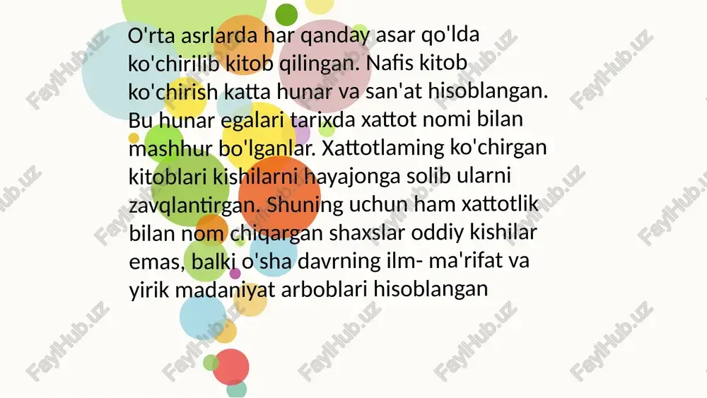 dan to'g'ri foydalanish yozma va bosma harflarning shakli bilan tanishtirish. yozma shakldagi harflar yordamida bo'g'in, so'z va gap tuzishga o'rgatish. your title yuqorida ko'rsatib o'tilgan malakalar shakllangandan so'ng husnixat darslariga ular mustahkamlanadi. husnixat malakasini shakllantirish uchun birinchi navbatda harflarning shaklini to'g'ri tasawur etishga, bir xil qiyalikda (65%) yozishga, so'zlarda harflarni to'g'ri bog'lashga so'zlarni qatorlarga to'g'ri joylashtirishga o'rgatiladi 1 your title daftar chiziqlarini birin-ketin almashuvi davomida harflarning qiyaligini va ular orasidagi masofani to'g'ri saqlash kichik va bosh harflarning nisbatini to'g'ri chamalab yozishga o'rgatish juda muhimdir. shuningdek husnixat darslarida malum gruppaga oid hraflarni yozishga o'rgatishda o'quvchilarda uchraydigan ayrim tipik xatolarning oldini olish va tuzatish ustida ham ish olib borish lozim etboringiz uchun rahmat!!!!!