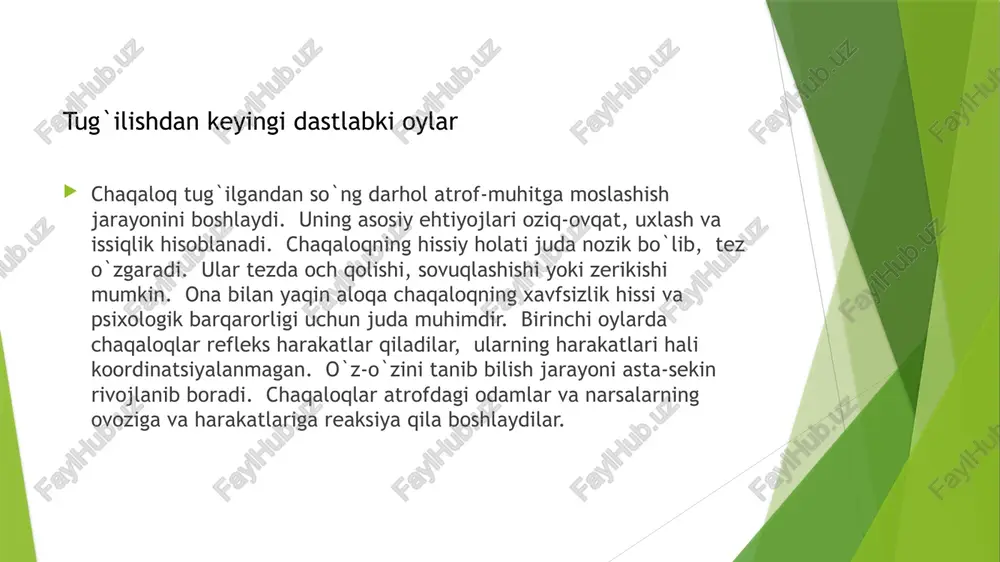 qlarning rivojlanishida muhim rol o`ynaydi. o`yin orqali chaqaloqlar dunyoni o`rganadilar, yangi ko`nikmalarni rivojlantiradilar va ijtimoiylashish jarayoniga kirishadi. turli xil o`yinlar chaqaloqlarning hissiy, kognitiv va motor rivojlanishiga ijobiy ta`sir qiladi. masalan, oddiy o`yinchoqlar bilan o`ynash chaqaloqning qo`l harakatlarini rivojlantiradi. qo`shiqlar va raqslar chaqaloqning hissiy rivojlanishiga ta`sir qiladi. ota-onalar chaqaloqlar bilan birga o`ynash orqali ular bilan yaqin aloqa o`rnatadilar. o`yin chaqaloqlar uchun o`rganishning eng yaxshi usuli hisoblanadi. o`yin jarayonida chaqaloqlar turli xil vaziyatlarga duch kelishadi va ularga moslasha olishni o`rganadilar. o`yin faoliyati ota-ona bilan munosabatlar chaqaloqning psixologik rivojlanishida hal qiluvchi ahamiyatga ega. ona bilan yaqin aloqa chaqaloqning xavfsizlik hissi va psixologik barqarorligini ta`minlaydi. ota-onalarning mehr-muhabbati va qo`llab-quvvatlashi chaqaloqning o`ziga bo`lgan ishonchini oshiradi. ota-onalarning chaqaloq bilan o`zaro muloqoti, uning rivojlanishiga ijobiy ta`sir qiladi. muloqot jarayonida chaqaloqlar yangi ma`lumotlarni o`rganadilar va ijtimoiylashish jarayoniga kirishadi. ota-onalarning chaqaloqning his-tuyg`ulariga e`tibor berishlari va ularni tushunishlari juda muhimdir. salbiy munosabatlar chaqaloqning ruhiy salomatligiga salbiy ta`sir qiladi. shuning uchun …