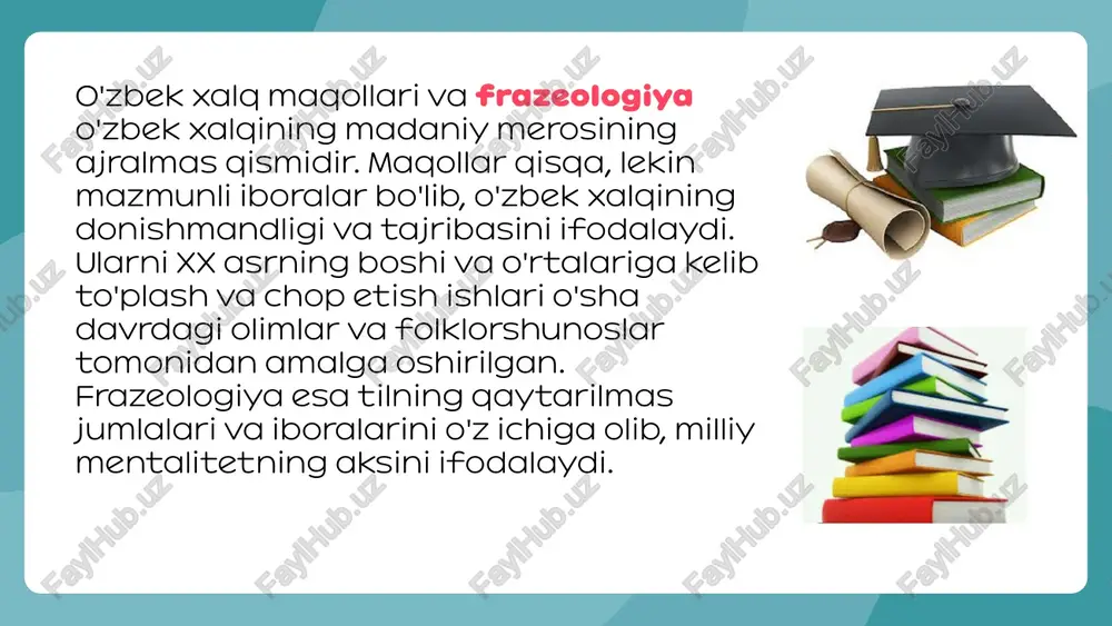 ikini saqlab qolgan. an'anaviy ravishda, bu frazeologizmlar asarlarning o'quvchilar tomonidan yaxshiroq tushunilishiga xizmat qiladi. adabiyotlar: babkin a. m., russkaya frazeologiya, razvitiye i istochniki. l., 1970; vinogradov v. v., osnovnie ponyatiya russkoy frazeologii kak lingvisticheskoy dissiplini, v yego knige: izbrannie trudi, t. 3. leksikologiya i leksikografiya, m., 1977; bibliograficheskiy ukazatel literaturi po voprosam frazeologii, vip. 3—4, samarkand, 1974—76; rahmatullayev sh ., oʻzbek frazeologiyasining baʼzi masalalari, t., 1966; rahmatullayev sh ., oʻzbektilining izohli frazeologik lugati, t., 1978. oʻroq lafasov, nosirjon oxunov. e'tiboringiz uchun rahmat image3.png image2.png image5.png image6.jpeg image7.png image8.png image9.png image10.png image11.png
