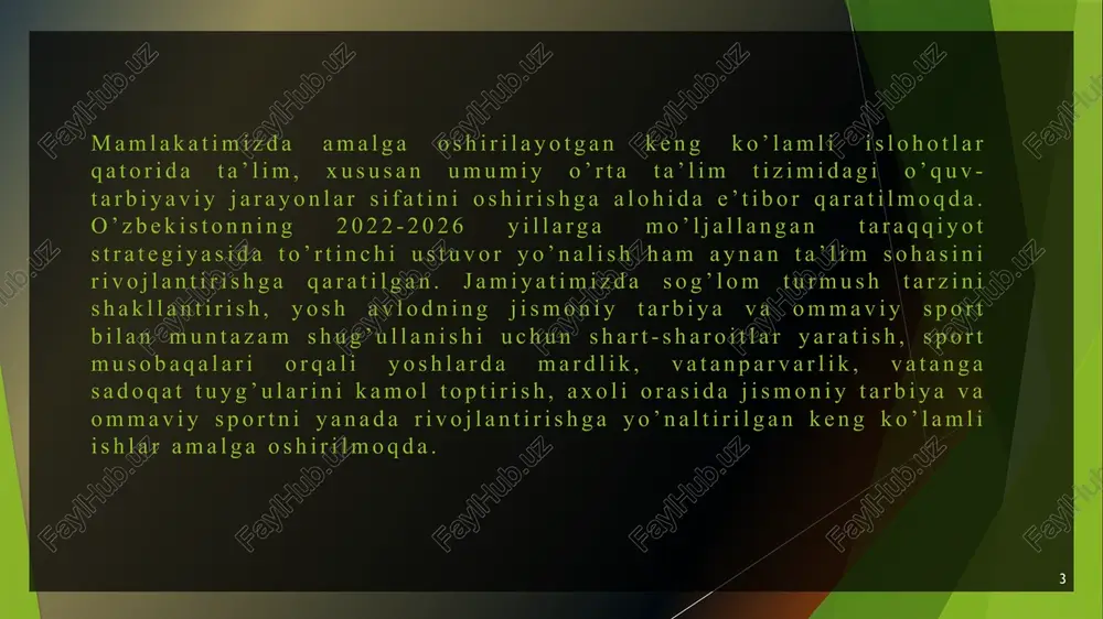 tlariga e’tiborni kuchaytirish. 8 8 harakatli o’yinlarning turkumlari va rivojlanish bosqichlari harakatli o’yinlar o’z vazifasiga ko’ra quyidagilarga bo’linadi: bilim beruvchi; - sog’lomlashtiruvchi; - hordiq chiqaruvchi. harakatli o’yinlar quyidagi turkumlarga bo’linadi; kichik yoshdagi bolalarga beriladigan harakatli o’yinlar; - o’rta yoshdagi bolalarga beriladigan harakatli o’yinlar; - katta yoshdagi bolalarga beriladigan harakatli o’yinlar; 3. kichik yoshdagi bolalarga beriladigan harakatli o’yinlar bola maktabga kelishi bilan diqqati o`qishga qaratiladi. maktabda o`qish yoki ta`lim olish uning uchun mustaqil faoliyati turi bo`lib, unga kichkina o`quvchi maktabda har kuni to`rt soatni va uyda kamida 1,5 – 2 soatni bag`ishlaydi. biroq kichik maktab yoshidagi bolalar o`qishdan bo`sh vaqtlarida juda ko`p o`ynaydilar. 9 9 e’tiboringiz uchun raxmat 10 image1.png image2.png image7.jfif image3.png image4.png image5.jpeg image8.jpg image9.jfif image6.png /docprops/thumbnail.jpeg wha akatlio’yinlar va) mazmuni.