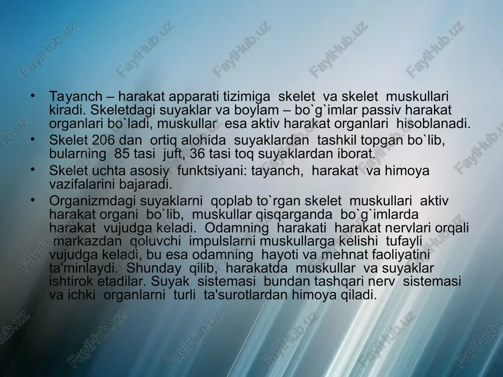 aning qoplovchi suyaklari, ko`krak va chanoq suyaklari kiradi. aralash suyaklar turli shaklga ega bo`lgan. suyaklarning yuzasida g`adir-budur dumboq, qirra teshiklar, egatlar bo`ladi. bularga muskullar, paylar, boylamlar birikadi yoki tomirlar, nervlar o`tadi. suyak qo`shuvchi to`qimaga kirib ikki xil kimyoviy modda: organik va anorganik moddalardan iborat. suyakning organik moddasiga osseyn deyiladi, suyak tarkibining 1f3 qismini organik 2f3 qismini anorganik modda tashkil etadi. agarda suyakni bir qismini xlorid yoki nitrat kislotaga solib qo`yilsa, bir necha vaqtdan so`ng yumshoq va elastik bo`lib qolganini ko`ramiz. suyak olovda kuydirilsa, organik moddalari kuyib ketishi tufayli murt bo`lib qoladi. suyakning elastikligi osseyn borligiga kattikligi esa anorganik moddalarga bog`liqdir. suyakda organik va anorganik moddalar borligidan elastik va kattiqdir. yosh ulg`ayishi bilan suyakning osseyn va anorganik moddalar miqdori o`zgarib boradi. bolalarda organik moddalari ko`proq. shuning uchun ularning suyagi elastik bo`ladi. yosh ulg`aygan sari anorganik moddalar miqdori ortib boradi, shuning uchun ularning suyagi murt bo`lib qoladi. yosh ulg`ayishi bilan suyakda kaltsiy, …