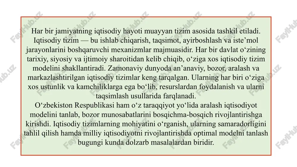 at o‘ziga mos tizimni tanlaydi va uni milliy xususiyatlarga moslashtiradi. turli iqtisodiy tizimlarda resurslarni taqsimlash mexanizmlari resurslarni taqsimlash mexanizmi iqtisodiy tizimning asosiy mezoni hisoblanadi. bozor iqtisodiyotida resurslar talab va taklif asosida taqsimlanadi, narx mexanizmi asosiy rol o‘ynaydi. rejalashtirilgan tizimda esa markaziy hokimiyat ishlab chiqarish hajmi va resurslar yo‘nalishini belgilaydi. an’anaviy tizimda taqsimot ijtimoiy urf-odatlarga asoslanadi, aralash tizimda esa davlat tartibga solish bilan birga bozor mexanizmidan ham foydalaniladi. bunday yondashuv resurslardan samarali foydalanish va iqtisodiy barqarorlikni ta’minlaydi. zamonaviy iqtisodiy tizim modellari va o‘zbekiston tajribasi rivojlangan mamlakatlar, xususan aqsh, germaniya, yaponiya va janubiy koreya o‘ziga xos iqtisodiy tizim modellari bilan ajralib turadi. aqshda erkin bozor tamoyillari kuchli bo‘lib, xususiy sektor yetakchi rol o‘ynaydi. germaniyada ijtimoiy bozor iqtisodiyoti modeli orqali raqobat va ijtimoiy himoya uyg‘unlashtirilgan. yaponiyada esa davlat va xususiy sektor o‘rtasidagi hamkorlik muhim o‘rin tutadi. ushbu tajribalar iqtisodiy samaradorlikni oshirishda muhim namuna bo‘lib xizmat qiladi. o‘zbekiston mustaqillikka erishgach, bosqichma-bosqich bozor tamoyillariga asoslangan …