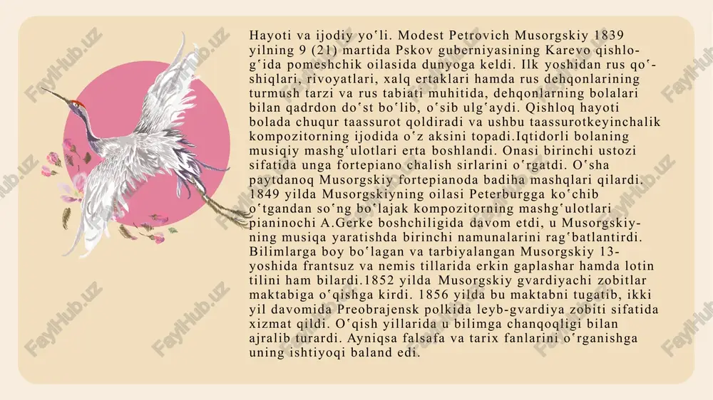 kiy glinka va dargomijskiyning asarlarini yaqindan o‛rganib chiqadi. uning xayotida yangi davr boshlanadi, u xarbiy xizmatdan bo‛shab, keyingi hayotini musiqa ijodiga bag‛ishlaydi. m.p.musorgskiy yoshlik chog‛laridan o‛z qiziqishlarining serqirraligi va qarashlarining xalqparvarligi bilan hammani lol qoldirardi. 1861 yildagi krepostnoylik islohotidan so‛ng kompozitor tug‛ilib o‛sgan vataniga kelib, krepostnoy dehqonlarga huquqlarning berilishi aslida uning hayotiga deyarli ijobiy o‛zgarish kiritmaganligini ko‛rdi. krepostnoy dehqonlarini xaq to‛lovlardan ozod qilish maqsadida, merosining o‛ziga tegishli bo‛lgan qismini akasining foydasiga hal qilib mehnati evaziga yashovchi xizmatchiga, kamtarin musiqachiga aylanadi.1860-yillarning boshida kompozitorning musiqiy saboqlari davri ijodiy faoliyat bilan almashadi. m.p.musorgskiy katta xalq sahnalari va kuchli, irodali shaxs xaqida opera yozishni oldindan o‛ylab qo‛ygandi. u qadimgi karfagen tarixiy mavzusiga yoritilgan floberning «salambo» romaniga murojaat qiladi va n.v.gogolning syujetiga «uylanish» operasini yoza boshlaydi. ikkala asar tugatilmay qoladi, lekin tugallanmagan «salambo» operasidagi katta xalq sahnalarida kompozitor o‛ziga xosligi ko‛zga yaqqol namoyon bo‛ladi. o‛sha yillar maboynida betinim kompozitor yaratgan asarlardan nekrasovning so‛zlariga ishlangan «kalistrat»,«eryomushkaning …