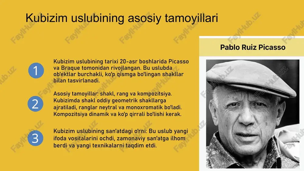 ni oshirdi. bu metodlar yordamida san'at asarlaringizni rivojlantiring va kelajakda yangi texnikalarni o'rganishga chaqiramiz. xulosa foydalanilgan adabiyotlar 1. o‘zbekiston respublikasi san'at va madaniyat instituti. kubizm uslubining asosiy tamoyillari va metodologiyasi. toshkent: o‘zbekiston san'at nashriyoti, 2020. 2. islomov, a. natyumort va kubizm texnikalari. toshkent: san'at va dizayn nashriyoti, 2018. 3. akromov, d. natyumort yaratishda innovatsion texnikalar. san'at va madaniyat jurnali, 2021, 5(3), 45-52. 4. qodirov, s. kubizm uslubining rivojlanishi va san'atdagi o'rni. toshkent: san'at akademiyasi nashriyoti, 2019. 5. yunusova, m. pratik natyumort ishlab chiqish bo‘yicha qo‘llanma. toshkent: san'at va madaniyat nashriyoti, 2022. e'tiboringiz uchun rahmat! designed by slides carnival image1.png image2.png image3.png image4.png image5.png image6.png image7.png image26.png image27.png image28.png image29.png image10.png image25.png image17.png image18.png image19.png image20.png image21.png image22.png image23.png image24.png pablo ruiz picasso a