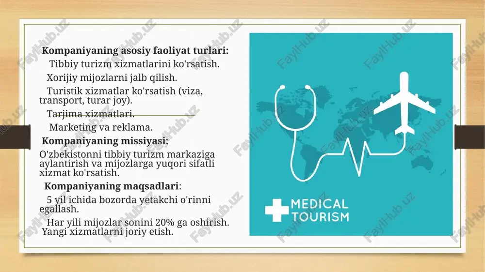 shlab chiqish va amalga oshirish. moliyaviy reja: • daromadlar prognozi • xarajatlar prognozi: ish haqi, ijara, marketing, transport, soliqlar • foyda va zarar hisoboti: (taxminiy foyda va zarar) • pul oqimi hisoboti: (pul tushumlari va chiqimlari) • rentabellik tahlili: (investitsiyalarning qoplanish muddati, rentabellik ko'rsatkichlari) • moliyalashtirish rejasi: (qarz olish, investorlarni jalb qilish) barqarorlikka ta’siri 1. ijtimoiy barqarorlik - sog'liqni saqlash xizmatlarining yaxshilanishi: tibbiy turizm orqali xorijiy mijozlarga yuqori sifatli tibbiy xizmatlar taqdim etilishi, mahalliy aholi uchun ham sog'liqni saqlash tizimini yaxshilashga olib keladi. bu, o'z navbatida, tibbiyot muassasalarining rivojlanishiga va yangi texnologiyalarni joriy etishga yordam beradi. - yangi ish o'rinlari yaratish: loyihaning amalga oshirilishi bilan yangi ish o'rinlari (tibbiyot, transport, xizmat ko'rsatish sohalarida) yaratiladi. bu, o'z navbatida, aholi farovonligini oshiradi va ishsizlikni kamaytiradi. - mahalliy aholi uchun ta'lim va malaka oshirish: xodimlar uchun o'quv dasturlari va treninglar tashkil etilishi, mahalliy ishchilarni malakasini oshirishga va sifatli xizmat ko'rsatish qobiliyatini rivojlantirishga yordam …