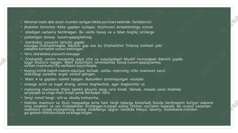 an xulosa chiqarishini istaymiz. muloqot maqsadimiz ba’zan qandaydir xabarni tinglovchiga yetkazishga qaratilgan bo‘ladi. ba’zan nimanidir so‘rashga ehtiyoj sezamiz. shu bilan birga biror ishni qanday bajarish kerakligi haqida tavsiyalar beramiz yoki biror ishni qilmaslik haqida buyruq beramiz. maqsadimizga erishish uchun turli ko‘rsatma, ta’qiq va xitob jumlalaridan foydalanamiz. insonlar o‘rtasidagi muloqot maqsadi va mazmuni shular bilangina chegaralanib qolmaydi. inson hissiyotlarini, tuyg‘ularini, hayajonlarini, azob va qayg‘ularini ifodalash, shu orqali tinglovchi yoki kitobxonni ta’sirlantirishni istaydi. ana shunday hollarda ba’zan mubolag‘a ba’zan o‘xshatish-qiyoslash kabi tasviriy vositalardan foydalanamiz. shu asosda badiiy matn ifoda mazmuniga ko‘ra ham tiplarga ajratiladi: hikoya mazmunli matn, tasviriy matn, izoh mazmunli matn, didaktik matn, xabar-darak mazmunli matn, so‘roq mazmunli matn, buyruq-istak mazmunli matn, hissiy ifoda mazmunli matn. unutmaslik kerakki? biror bir badiiy matnda sanab o‘tilgan matn tiplarining hammasi yoki ayrimlari ishtirok etgan bo‘lishi mumkin. yohud butun boshli asar yuqorida zikr etilgan matn tiplaridan faqatgina bittasi asosida shakllangan bo‘lishi ham mumkin. insoniyat yaratilibdiki, …