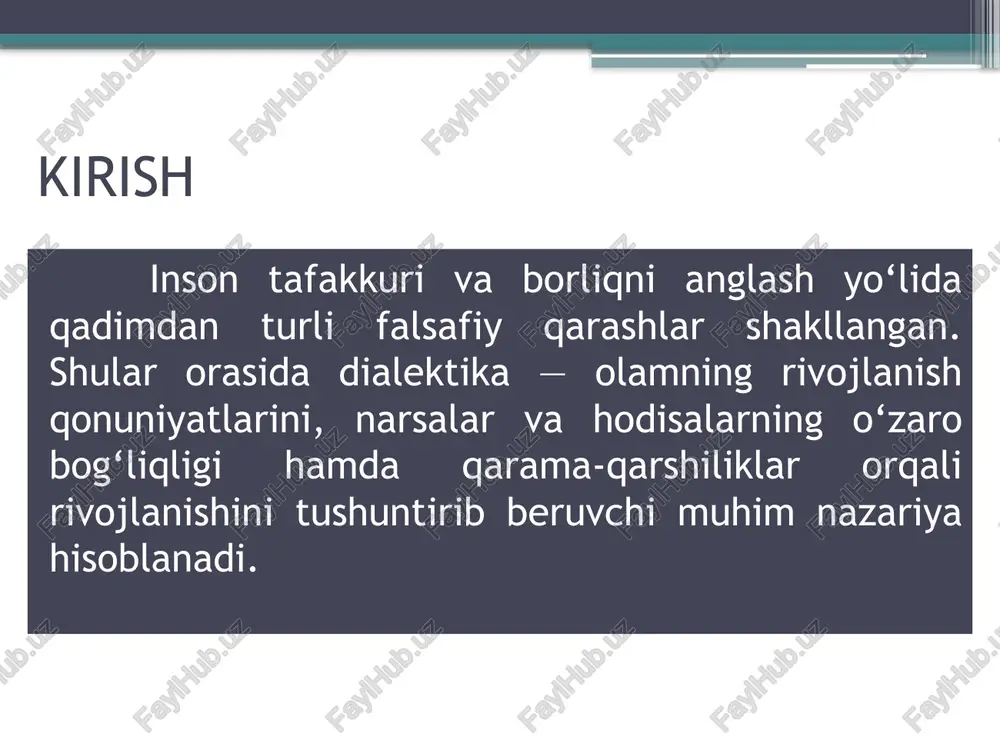 fikrlovchi inson narsalarni faqat hozirgi holatida emas, balki rivojlanish jarayonida ko‘radi. har bir hodisani ichki sabablar orqali tushuntiradi. xulosa dialektika qonunlari bizga hayotdagi o‘zgarishlarni anglash, rivojlanish manbalarini tushunish, tanqidiy fikrlashni shakllantirish imkonini beradi. foydalanilgan adabiyotlar karimov i.a. falsafa asoslari g‘.ochilov, falsafa fani asoslari hegel g., falsafa va dialektika k. marks va f. engels, tabiat dialektikasi https://diyalekt.eba.gov.tr/ internet sayti https://scholar.google.com sayti image2.jpeg image3.jpeg image4.jpeg /docprops/thumbnail.jpeg ‘sarg20 cin tlalabas dialektika_qonunlari