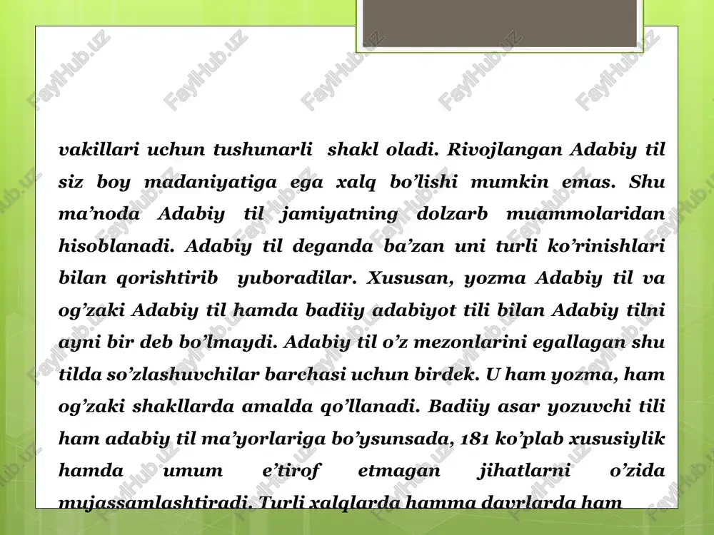 dabiy tildan farqlanib, og’zaki nutq va xalq shevalarini ham o’z ichiga oladi. milliy umumxalq til, adabiy til va shevalar qayerda yashashidan qat’iy nazar o’zbek millatiga mansub barcha odamlar tomonidan ishlatiladigan til milliy o’zbek tili deb yuritiladi. milliy til o’z tarkibiga sheva, so’zlashuv nutqi, jargonlar,vulgarizm, varvarizm kabi guruh so’zlarni qamrab oladi. milliy tilning ma’lum qoidalariga bo’ysundirilgan, muayyan qolipga solingan, olimlar, san’atkorlar, mutaxassislar tomonidan ishlov berilgan, doim silliqlashtirilib, mukammallashtirilib boriladigan shakli adabiy til deb ataladi. milliy o’zbek tilida shevalarning ko’pligi adabiy tilga bo’lgan ehtiyojni yuzaga keltirgan. etiboringiz uchun rahmat!