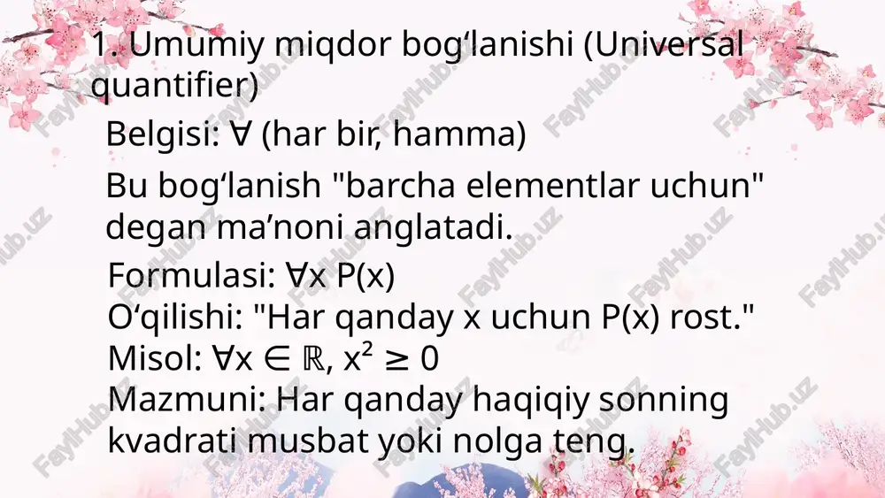 da, 5 ishchi 2 kunda bajaradi. → miqdor: ishchilar soni ↔ ish bajarish vaqti → bogʻlanish: teskari proporsional (y = k/x) 3. chiziqli bogʻlanish tavsif: bir miqdor o‘zgarganda, ikkinchisi doimiy ravishda maʼlum miqdorga oʻzgaradi. avtobus har 1 soatda 60 km yo‘l bosadi. → vaqt o‘tishi bilan masofa chiziqli tarzda ortib boradi: masofa = 60 × vaqt → bogʻlanish: chiziqli (y = kx + b) 4. kvadratik bogʻlanish tavsif: miqdorlar orasidagi bogʻlanish kvadrat shaklida (y = ax² +bx+c) misol: to‘g‘ri burchakli uchburchakning kateti oshgan sayin, uning yuzasi kvadrat tarzda oshadi. → s = ½ * a * b → agar a = b bo‘lsa, s = ½ * a² → bogʻlanish: kvadratik 5. ekssponensial bogʻlanish tavsif: biror miqdor doimiy nisbatda ko‘payib yoki kamayib boradi. misol: misol: bankdagi omonat har oy 10% ga oshadi. → miqdor: vaqt ↔ pul miqdori → bogʻlanish: ekssponensial (y = a·bˣ) miqdorga oid asosiy tushunchalar: 1. o‘lchanadigan …