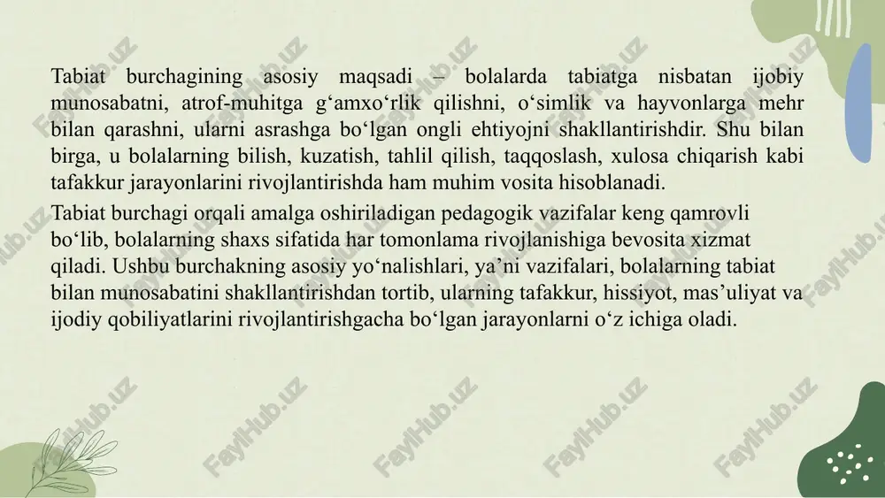 arur. qaysi o‘simlik quyosh yorug‘ligi yaxshi tushadigan joyda, qaysi biri esa yorug‘lik kam tushadigan joyda o‘stirilishi lozimligini bilish muhim ahamiyatga ega. ma’lumki, o‘simliklarning suvga, organik va mineral o‘g‘itlarga nisbatan talabi ham har xil bo‘ladi. ba’zi o‘simliklar sersuvlikni (gidrofit o‘simliklar), ba’zilari o‘rtacha suvlikni (mezofit o‘simliklar), boshqalari esa kam suvlikni (ksyerofit o‘simliklar) talab qiladi. masalan, xitoy atirguliga har kuni suv quyish zararli, chunki uning ildizi chirib ketishi mumkin. ammo xina, begoniya kabi o‘simliklarni har kuni sug‘orish mumkin. har bir yosh guruhda tabiat burchagida bo‘lishi zarur elementlar sifatida gullar, qushlar, baliqlar, hayvonlar, ob-havo kalendari, navbatchilik burchagi va mehnat anjomlari ajratib ko‘rsatiladi. burchakka qo‘yiladigan maxsus talablar orasida o‘simlik va hayvonlarning o‘z turiga xosligi, beozorligi, ovqat tanlamasligi, qo‘l mehnatini kam talab qilishi, yorqin va jozibador ko‘rinishi, biologik xususiyatlar hisobga olinib cheklangan miqdorda saqlanishi, shuningdek, bolalarning sog‘lig‘iga zarar yetkazmasligi alohida ta’kidlanadi. yosh guruhlarga qarab tabiat burchagida o‘simliklar, hayvonlar va qushlar turlari farqlanadi. masalan, ikkinchi kichik guruh …