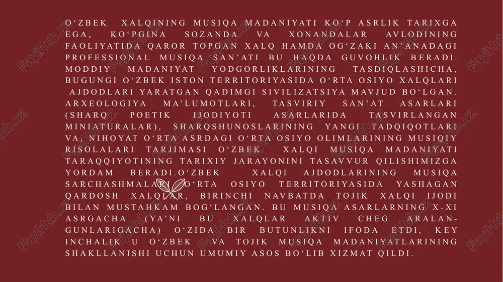 iv -viii asarlargacha bo‘lgan davr madaniyat va san’at turlarining, jumladan, musiqaning yuqori darajada rivojlangani bilan xarakterlanadi. tarixiy hujjatlarda keltirilishicha, bu davrlarda el orasida “kayxusraviy”, “qini eroj”, “qini siyovush”, “bog‘i shirvon”, “bog‘i shahriyor”, “navro‘zi buzrug”, “navro‘zi kuchak”, “gulzor”, “mehrijon”, “shabdiz”, “dilnavoz” kabi barqaror kuy va ashulalar bo‘lganligi ta’riflanadi. xusrav parvez ii shohlik qilgan davr (590-628 yillar)ga kelib marv (poytaxti hozirgi turkmanistonning mari shahri) madaniyati gullab yashnadi 6 . uning saroyida movarounnahrning turli joylaridan kelgan mohir musiqashunoslar va san’atkorlar, sozanda, xonanda, raqqoslar yig‘ilgan: sarkash, bamshod, noqus, romitin, fitna, navogar, sarkab, ozodvor changiylar shular jumlasidandir. ular orasida borbad marvaziy (faxliz yoki faxlobod deb ham yuritilgan) alohida yorqin yulduz bo‘lib ajralib turgan. borbad o‘z hayoti davomida 360 ta qo‘shiq, 30 tarona yaratgan va ijro etgan. shulardan “xusravoniy”lar turkumi, “yam-yashil”, “ov gashti”, “choshtgoh”, “sarvzor”, “oy sokinligi”, “shirin bog‘i”, “ruh yo‘llari”, “sarviston”, “jamshid oyinasi”, “marvarid soyaboni” kabilari hozirgacha manbalarda eslab kelinadi. butun sharqqa mashhur bo‘lgan va …