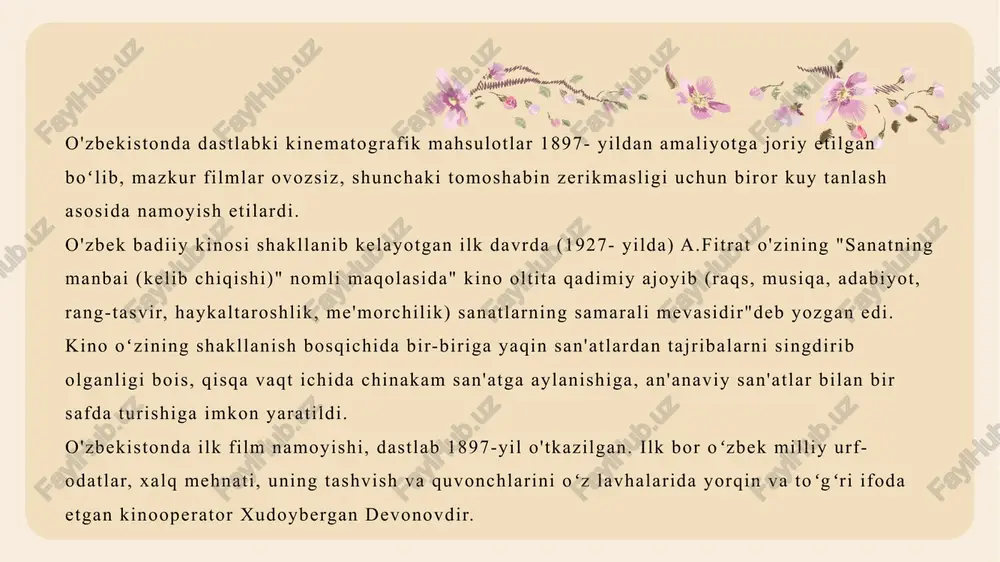 , d.salimov, r.botirov, e.eshmuhamedov, q.kamolova kabi rejissorlar, h.fayziyev, d.fatxullin, l.travitskiy, g.eftimovskiy singari operatorlar kirib keldi. "boy ila xizmatchi", "qutlug' qon” (1953, 1956, rej. l.fayziyev), "maftuningman», "furqat" (1958, 1959, rej. y.a'zamov), "farzandlar" (1959, rej. z.sobitov), "mahallada duv-duv gap" filmlarida oʻzbek xalqining oʻtmishi va keyingi hayoti aks etdi.ushbu yillarda buyuk kino kompozitorlari m.burxonov, m.leviyev, s.yudakov, i.akbarov, d.zokirov, d.soatqulov, g.sobitovlar samarali ijod qildilar.musiqashunosi n.yanov-yanovskaya oʻzining ilmiy tadqiqot- larida, kinomusiqada bir qator musiqiy uslublar qaror topganligini ta'kidlab o'tadi. ular quyidagilardan iborat: tasviriy (illyustrativ) kino musiqa; umumlashtiruvchi kino musiqa; syujetli kino musiqa; kompilyativ kino musiqa; real sinxronli kino musiqa; 1990-yildan, ya'ni vatanimizning mustaqillik yillaridan oʻzbek kinosi keskin oʻzgardi. davlat kinokompaniyasi tashkil etildi. "inson", "yulduz", "iymon", "vatan", "5-studiya" kabi o'z dasturiga ega boʻlgan mustaqil ijodiy birlashma studiyalar yuzaga keldi. kino oliy o'quv yurtlarini bitirib kelgan yosh rejissor va aktyorlar hisobiga kino ijodkorlari safi kengaydi. bu davrga kelib, elektron musiqani taraqqiy etishi natijasida, kino musiqa ijodiyoti yangi …