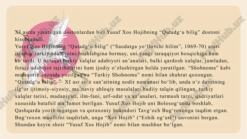 i parda, ovoz, tarkib va sho‘ba” mashhurdir. xvi-xix asrlarda o‘zbek musiqasining madaniyati temuriylar saltanatining parchalanib ketishi munosabati bilan uning asosiy o‘zagida poytaxti buxoro, ikkinchi yirik shahri samarqand bo‘lgan shayboniylar (xvi asr), ashtarxoniylar (xvii asr) va mang‘it xonlari (xviii asr) davlati qaror topdi. buxoro xonligi (amirligi)ning solnomasi xvi asrda o‘zbek urug‘idan chiqqan shayboniylar sulolasining tarix maydoniga chiqishi va bu azim shaharni poytaxt qilib olishidan boshlanadi. xvi asrning boshida (1505 yil) hirot shayboniylar tomonidan ishg‘ol etildi. temuriylar imperiyasi uchta yirik bo‘lakka ajralib ketdi: movarounnahr, eron va shimoliy hindiston (boburiylar) davlatlari. tarixning ana shunday murakkab burilishi paytida temuriylar davri, xususan, samarqand va hirot boy madaniy an’analarining munosib vorisi sifatida buxoro maydonga chiqdi. o‘zbek xonlari shayboniylar davlatining poytaxtiga aylangan bu shahri azimga zamonasining ko‘zga ko‘ringan ilmu ma’rifat, adabiyot va san’at ahli intila boshladi hamda unda yangi tarixiy sharoitlarda she’riyat, musiqa va tasviriy san’atning “buxoro maktabi” deb nom olgan uslubi taraqqiy topdi. hirotdan buxoroga muhojirlik …