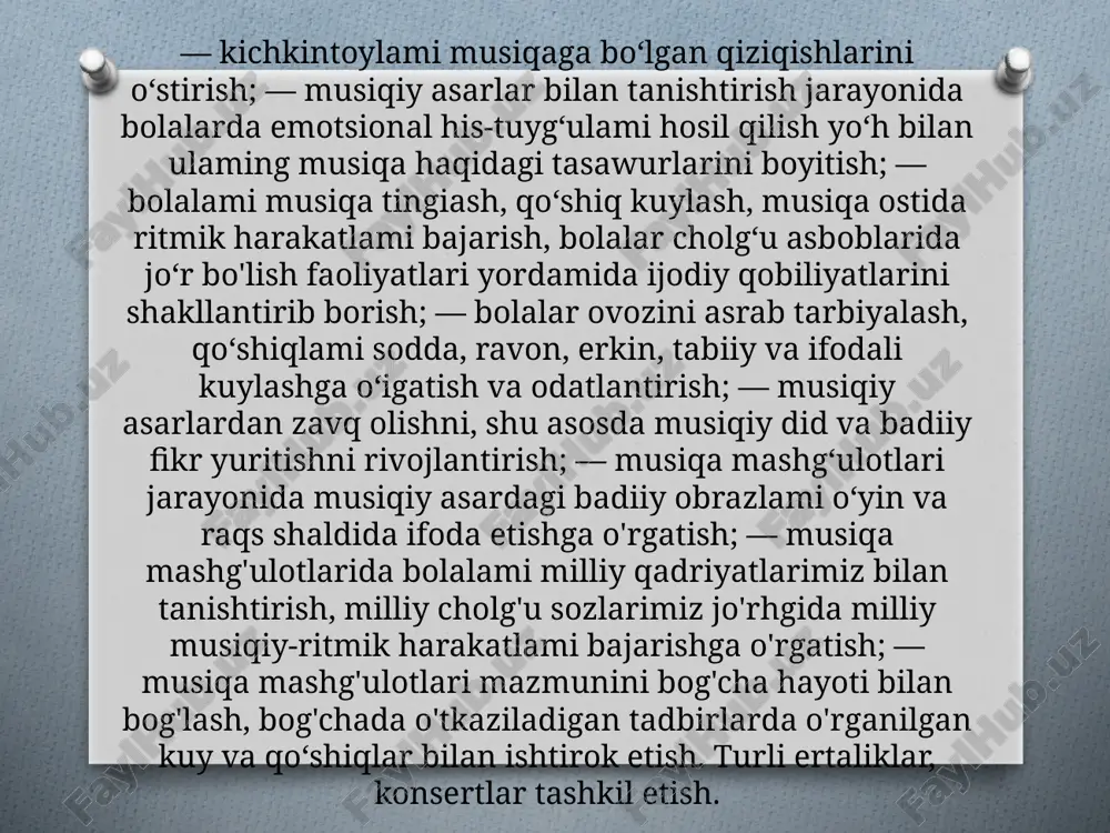osligi; — ohangning xarakteri, intonatsiya ifodasi, kuyning o'lchovi, tessiturasi va diapazonining bolalar ovoziga mosligi; — qo‘shiqning musiqa cholg‘u asboblari (fortepyano) jo'rligi uchun klaviri: badiiy xususiyati va ifodaviyligi, bolalar yoshiga mosligi; — qo‘shiqning shakli, necha kuplet, qlsmdan iboratligi (bir, ikki qismli yoki ko‘plik shaldida tuzilganligi), naqarotning mavjud yalla, lapar, alia kabi o‘zbek xalq qo‘shiqlari, shuningdek, terma qo‘shiqlar milhy musiqiy- ritmik harakatlari bilan o‘rgatiladi. musiqa rahbari qo‘shiqlami bolalarga yoqimli ovozda ifodali aytib berib tanishtiradi. mazmunini obrazli, qiziqarli tarzda bolalar ongiga yetkazlsliga harakat qiladi. bunda u ko‘rgazmali qurollar, musiqiy-ritmik harakatlardan foydalanadi. qo‘shiq mazmuni va xarakterini bolalar yaxshi anglab olganlaridan so‘ng o‘rgatishga kirishadi. bolalar toliqib qolmasliklari uchun qo‘shiq o'rgatish uslubi vaqtivaqti bilan o‘zgartirib turiladi. bolalar qo‘shiqni stulchalarga suyanib o‘tirgan holda kuylaydilar. bu paytda ular qomatlarini to‘g‘ri tutishlari lozim. stulchalar bolalarning bo‘ylariga mos bo‘lishi kerak, ya’ni suyanadigan qismiga yengil tayanib turish mumkin bo‘lsin. qo'shiq kuylanayotganda qo‘llar tizzaga qo'yilgan bo'lishi shart. qo'shiq mazmuniga mos musiqiy-ritmik harakatlami …