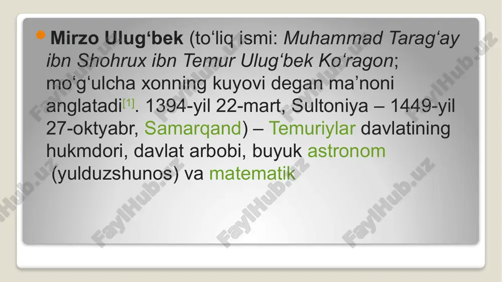 bagʻishlangan yubiley ilmiy anjumani boʻlib oʻtdi. 1970-yilda samarqandda ilk bor ulugʻbek haykali oʻrnatildi. e’tiboringiz uchun tashakkur!!! /docprops/thumbnail.jpeg