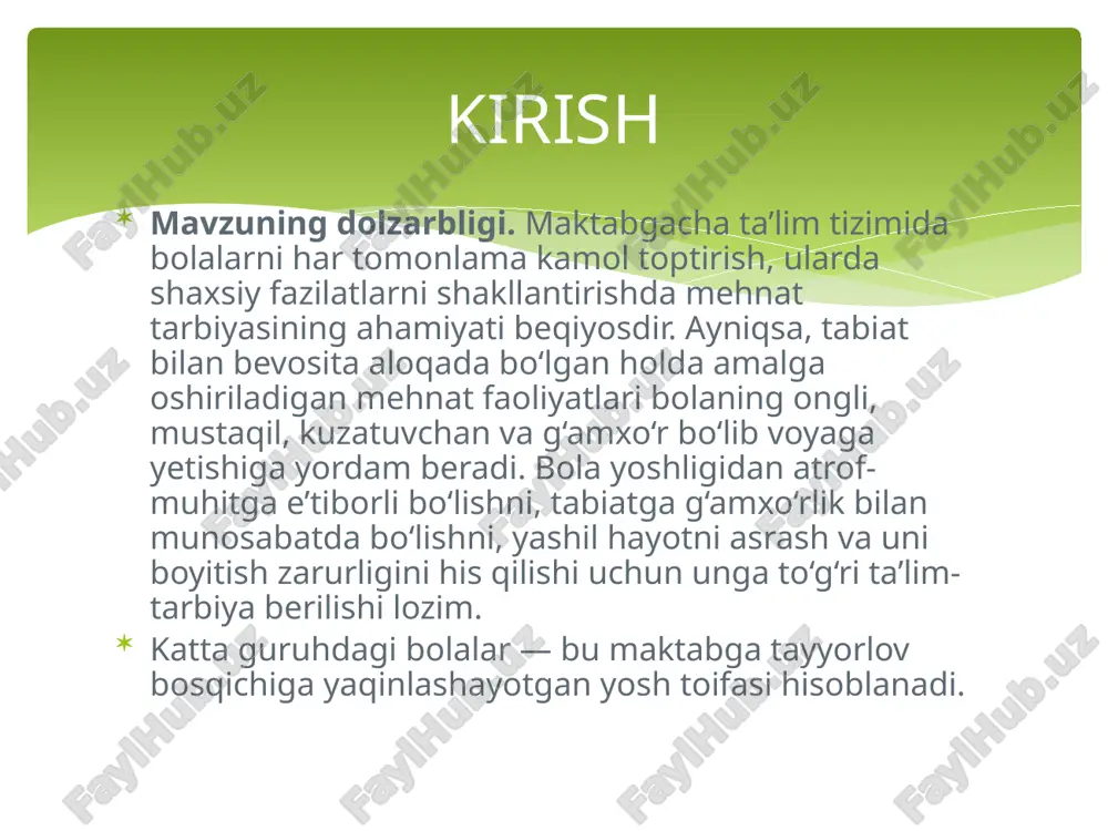 h va qadrlash, undan oqilona foydalanishga o‘rgatish; bolaning fikrlash, tahlil qilish, kuzatish va tasniflash ko‘nikmalarini rivojlantirish tarbiyachining roli zamonaviy texnologiyalarni qo‘llashda tarbiyachi: har bir bolani kuzatadi va o‘ziga mos topshiriq beradi; faoliyatni kuzatib, rag‘batlantiradi; jarayonni o‘yin, suhbat, kuzatishlar bilan boyitadi; natijani bolalar bilan birga tahlil qiladi; ota-onalar bilan hamkorlikda bolalarning mehnatga bo‘lgan qiziqishini davom ettiradi. ii bob. tabiatda mehnat faoliyatini tashkil etishning xorijiy va milliy tajribalari. 2.1. xorijiy mamlakatlarda maktabgacha yoshdagi bolalarni tabiatda mehnatga o‘rgatish tajribalari zamonaviy ta’lim tizimlarida maktabgacha yoshdagi bolalarni tabiat bilan bevosita tanishtirish, tabiatda mehnat faoliyatlarini tashkil etish eng dolzarb yo‘nalishlardan biri hisoblanadi. ko‘plab rivojlangan davlatlar bu borada chuqur ilmiy-metodik yondashuvlarga asoslangan tajribalarni amaliyotga joriy etgan. finlyandiya tajribasi finlyandiya — maktabgacha ta’limda “o‘rmon bog‘chalari” modeli orqali tanilgan. bu bog‘chalarda mashg‘ulotlarning asosiy qismi ochiq havoda, tabiat bag‘rida o‘tkaziladi. har kuni bolalar quyidagicha faoliyatlar bilan shug‘ullanadilar: daraxtlarni o‘rganadilar, barg, shox, mevalarni to‘plashadi; germaniya tajribasi germaniyada maktabgacha ta’limda tabiatga asoslangan …
