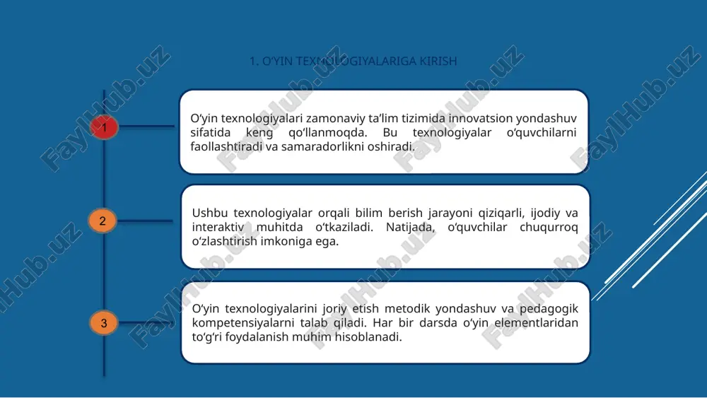 i. ushbu mexanizmlar orqali dasturchilar o‘yin dunyosini modellashtiradi, grafika, fizika va foydalanuvchi harakatlariga interaktiv reaktsiyalarni aniqlik bilan amalga oshiradi. 8. oʻyin texnologiyalarining kelajagi oʻyin texnologiyalari tez sur’atlarda rivojlanmoqda, bu esa yangi imkoniyatlarni ochib beradi. kengaytirilgan reallik va sun’iy intellekt asosiy yo‘nalishlardandir. kelajakda foydalanuvchi tajribasini oshirish maqsadida o‘yinlar yanada interaktiv va shaxsiylashtirilgan shaklda ishlab chiqiladi. bu o‘yinchilarni ko‘proq jalb etadi. bulutli texnologiyalar yordamida o‘yinlar istalgan qurilmada bajarilishi mumkin bo‘ladi. bu esa o‘yinlarga kirish imkoniyatini ancha kengaytiradi. e’tiboringiz uchun rahmat