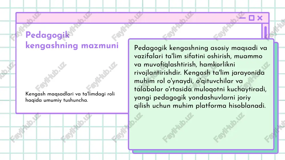 usullarini takomillashtirish muhim bo'ladi. masalan, onlayn muloqot platformalarining integratsiyasi kengash ish faoliyatini kengaytiradi. yangi pedagogik yondashuvlar, masalan, interaktiv ta'lim va ko'p tarmoqli ta'lim modellari kengashlarning kelajakdagi rolini mustahkamlashga xizmat qiladi. bu esa, o'qituvchilar va o'quvchilar uchun yanada samarali ta'lim muhitini yaratadi. kelajakda kengashlar ta'lim sifatini oshirishda muhim vosita bo'lib qoladi, ular orqali yangi metodologiyalar va texnologiyalar joriy etiladi, shuningdek, ta'lim tizimining barqaror rivojlanishini ta'minlashga yordam beradi. pedagogik kengash shakllari: ta'rifi, maqsadi va xususiyatlari. ular ta'lim jarayonida muhim rol o'ynaydi, moslashuvchanlik va hamkorlik imkoniyatini taqdim etadi. pedagogik kengash shakllari haqida umumiy ma'lumot photo by oğuzhan edman on unsplash pedagogik kengash shakllarining turlari rasmiy kengashlar rasmiy kengashlar ta'lim muassasalarining rasmiy tuzilmasining bir qismi bo'lib, ularning asosiy vazifasi ta'lim jarayonini boshqarish va nazorat qilish. masalan, maktab va universitet kengashlari, ular an'anaviy va huquqiy asosda tashkil etiladi. norasmiy kengashlar norasmiy kengashlar rasmiy tashkilotlarga bog'liq bo'lmagan, lekin muhim rol o'ynovchi guruhlardir. masalan, ota-onalar kengashi, o'qituvchilar …