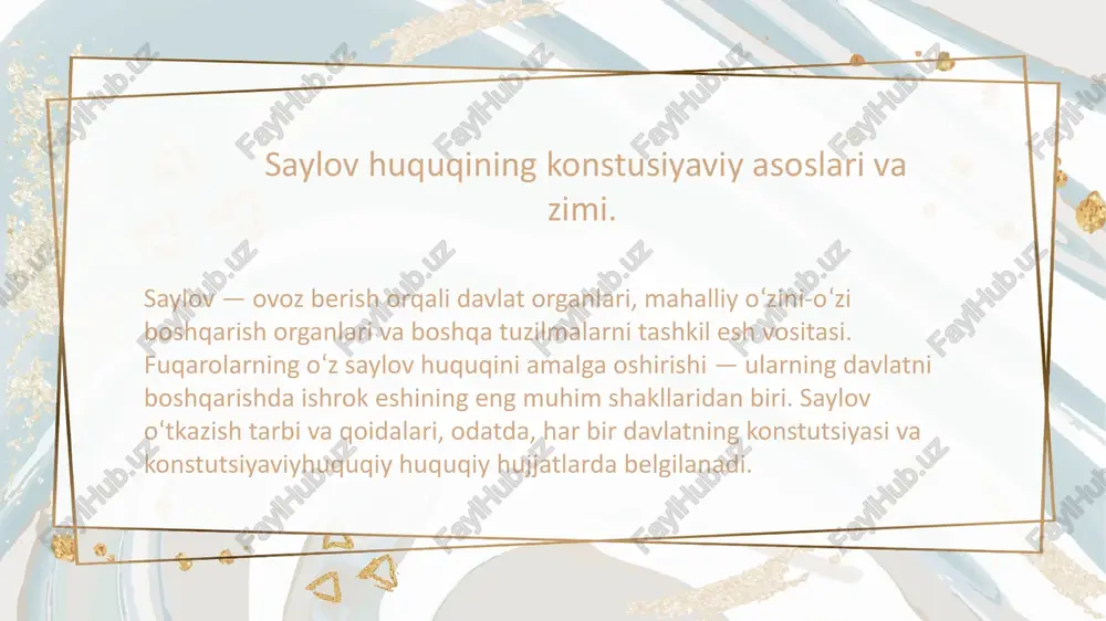 etiladigan saylov uchastkalarining saylovchilar roʻyxatiga kiritish boʻyicha elektron murojaat qilishimkonini beruvchi saylov.mfa.uz kommunikatsion tizimi ishga tushdi. 14 15 e'tiboringiz uchun rahmat! 16 1.png 2.png 3.jpeg 4.png 5.jpeg 6.jpeg pimg1.jpeg 7.jpeg 8.jpeg 9.jpeg 10.jpeg 11.jpeg ce: saylov tizimining me konstitutsiyaviy asoslari va tizimi konstitutsiya \ ad y3bekuctoh pecnybaukack kohctutyynsck foreeso) o‘zbekiston respublikasi markaziy saylov komissiyasi /docprops/thumbnail.jpeg buxoro davlat universiteti filologiya fakultet] 9-2guruhtalabasi talabasi qurbonova salomatning yangi tahrirdagi o'zbekiston respublikasi konstitutsiyasi fanidan fanidan tayyorlagan mustaqil ishi.