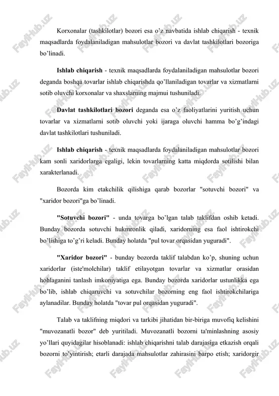 ishi va talab qayishqoqligi o’zgarib boradi, shu sababli ularning monitoringini amalga oshirish lozim; b) bozordagi omillar kompleks ravishda ta'sir o’tkazishi sababli ularni alohida o’rganish tegishli samara bermaydi; c) bozor to’g’risidagi ma'lumotlar odatda retrospektiv xarakterga ega, shu sababli rejalashtirish uchun maxsus usullar talab qilinadi. bozor konyunkturasini o’rganish mazmuni va tartibi firma tomonidan ko’zlangan maqsadga bog’liq bo’ladi va uch turga bo’linadi: konyunktura axborotnomasi, konyunktura tahlili va konyunktura prognozi. konyunktura axborotnomasi - bu bozor konyunkturasining hozirgi holati va uning asosiy xususiyatlarini aks ettiruvchi hujjatdir. bu konyunkturani o’rganishning eng sodda shakli bo’lib, odatda savdo assortimentining maqbulligini baholash uchun foydalaniladi. konyunktura tahlili - konyunkturani mavjud holatga keltirgan omillarning tahlilini o’z ichiga oladigan hujjat hisoblanadi. amalda tahlil bozor konyunkturasinig maxsus izlanishlarini aks ettiradi va omillarning ta'sir doirasini aniqlashga xizmat qiladi. konyunktura prognozi bozordagi holatni ma'lum davr ichida oldindan ko’rish va uning asosiy parametrlarini aniqlashni o’z ichiga oladi. bunda konyunkturaga ta'sir o’tkazuvchi omillarning yaqin kelajakdagi xususiyatlarini aniqlashga …
