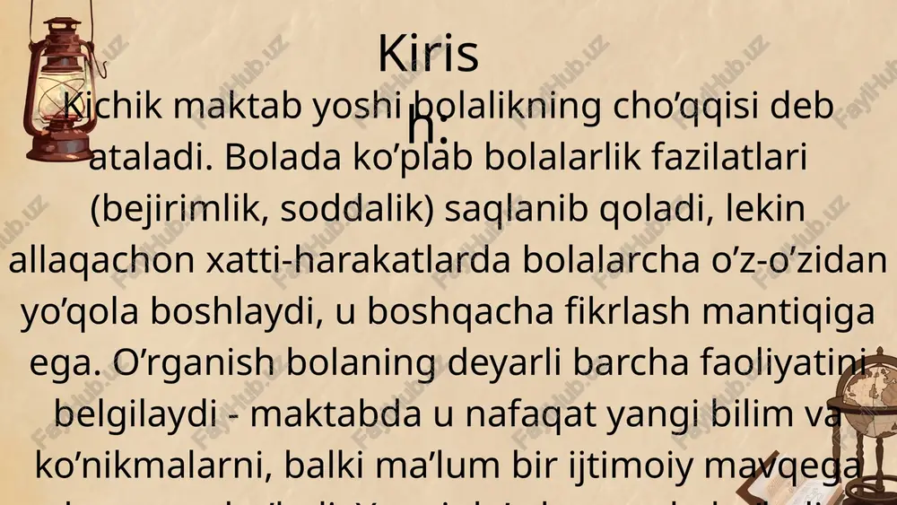 ’liq, uchinchisi esa taxminan olti yoshga to’g’ri keladi va bolaning ishbilarmonlik shaxsiy fazilatlarini shakllantirishni o’z ichiga oladi. bu yoshda bolalar kattalar tomonidan berilgan baholarga katta ahamiyat berishadi. bola bunday bahoni kutmaydi, lekin faol ravishda o’zi bunga erishadi, maqtovni olishga intiladi, 1. o„zbekiston respublikasining prezidenti sh.m. mirziyoyevning “2017–2021- yillarda maktabgacha ta‟lim tizimini yanada takomillashtirish chora-tadbirlari to„g„risida”gi qarori. –t.: 2016 y., 29-dekabr. -28 b. 2. o„zbekiston respublikasining prezidenti sh.m. mirziyoyevning “o„zbekiston respublikasi maktabgacha ta‟lim tizimini 2030-yilgacha rivojlantirish konsepsiyasini tasdiqlash to„g„risida“ pq-4312-son qarori. – t.: 2019-yil 8-may 3. o„zbekiston respublikasining prezidenti sh.m. mirziyoyevning “maktabgacha ta‟lim tizimini boshqarishni takomillashtirish chora-tadbirlari to„g„risida”gi pq- 3955-son qarori. – t.: 2018-yil 30-sentabr. – 58 b. 4. mirziyoyev sh.m. “ buyuk kelajagimizni mard va oliyjanob xalqimiz bilan birga quramiz“t o„zbekiston ,2017 5. mirziyoyev sh.m. „qonun ustuvorligi va inson manfaatlarini ta‟minlash-yurt taraqqiyoti va xalq faravonligining garovi“ 2020. – 128 b. 6. mirziyoyev sh.m. “tanqidiy tahlil,qatiy intizom va shahsiy javobgarlik-har bir …