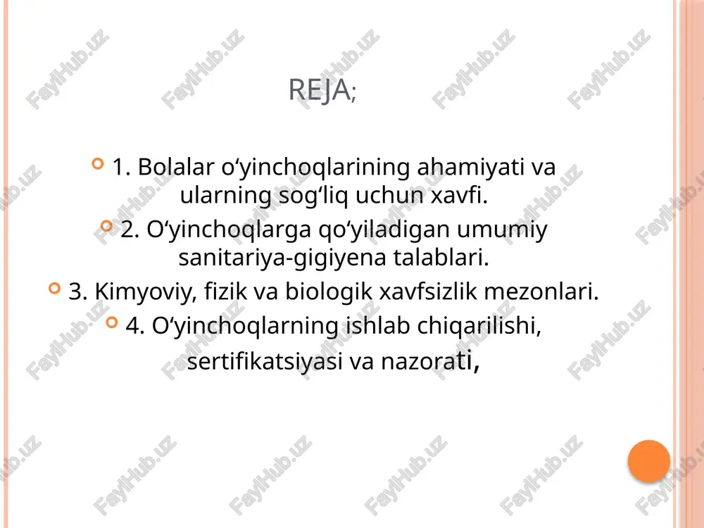 andart) “toy safety” — o‘yinchoqlar xavfsizligi ➡️ gost sifatida qabul qilingan xalqaro iso standart bo‘lib, dunyo bo‘yicha xavfsizlik me’yorlariga asoslanadi. 2 san q va m № 0354-18 — “bolalar uchun o‘yinchoqlar (o‘yinlar) xavfsizligiga qo‘yiladigan gigiyenik talablar” • qabul qilingan sana: 2018-yil 14-mart • tavsifi: ushbu hujjat bolalar uchun mo‘ljallangan o‘yinchoqlar va o‘yinlarning xavfsizligi hamda gigiyenik talablarini belgilaydi. talablar mulkchilik shaklidan qat’i nazar, barcha ishlab chiqaruvchilar, import qiluvchilar va sotuvchilar uchun majburiydir. hujjatda o‘yinchoqlarning kimyoviy, mexanik, fizik xavfsizligi, shuningdek, ularning bolalar salomatligiga ta’siri haqida batafsil ma’lumotlar keltirilgan. sanitar gigiyenik talab o`yinchoqlarni materialiga,konstruksiyasiga,markirovkasiga, o`ralishiga, saqlanishiga va ishlatilishiga nisbatan qo`yiladi.bunda barcha talablar o`yinchoqni necha yoshli bolaga mo`ljallanganligidan kelib chiqadi. o`yinchoqlarni o`rov qog`ozida bolaning yoshi va ko`rilishi zarur bo`lgan ehtiyot choralari yozilgan bo`lishi kerak. o`yinchoqlar yuzasi silliq , tekis, yoriqlarsiz bo`lishi: o`tkir uchlari va burchaklari o`tmaslashtirilgan; bog`lovchi detallar, mixlar, shuruplari o`tkir uchlari o`yinchoq ichiga berkitilgan yoki o`tmaslashtrilgan bo`lishi kerak. shiqqildoq singari o`yinchoqlar ichiga solingan …