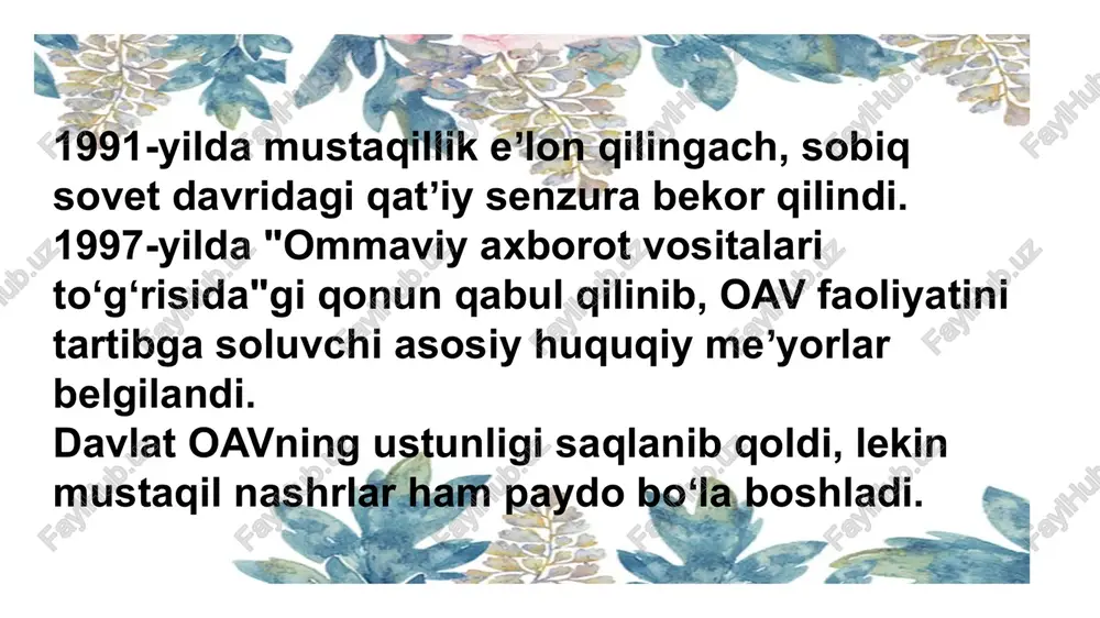 im cheklovlar mavjud. 1. yolg‘on axborot tarqatish va tuhmat asossiz va yolg‘on ma’lumotlar tarqatish taqiqlangan. tuhmat yoki haqoratga oid materiallar uchun javobgarlik bor. 11 01 02 03 2. milliy xavfsizlik va davlat sirlarini oshkor qilish davlat sirlariga oid axborotlarni tarqatish mumkin emas. harbiy, iqtisodiy va strategik ahamiyatga ega maxfiy ma’lumotlarni oshkor qilish cheklangan. 3. diniy va ekstremistik materiallarni tarqatish ekstremizm va separatizm targ‘ib qiluvchi materiallar tarqatish qonun bilan taqiqlangan. diniy adovat qo‘zg‘atish yoki konfessiyalar o‘rtasida nizolar keltirib chiqaruvchi axborot taqiqlanadi. 12 eʼtiboringiz uchun rahmat ! image3.png image4.png image5.png image6.png image7.png