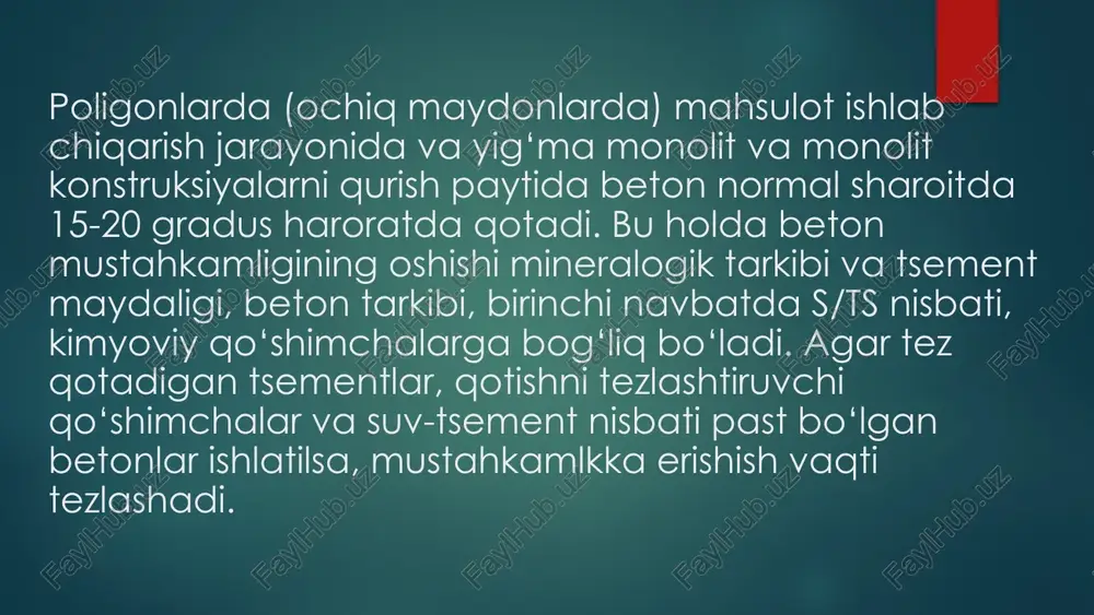h bo‘lgan qobiqning hosil bo‘lishi natijasida sement zarrasi ichiga suvning kirishi qiyinlashishi va gidratlanish jarayonining sekinlashuvi, ayrim hollarda esa butunlay to‘xtab qolishi hisoblanadi. beton strukturasi beton qorishmasining qotishi natijasida shakllanadi.uning qoliplashiga sementning tishlashishi va qotishi hal qiluvchi ta’sir ko‘rsatadi.sement suv bilan aralashtirilgandan so‘ng boshlang‘ich davrda uch kaltsiyli silikat gidrolizi jarayonida kaltsiy gidroksidi ajralib, to‘ydirilgan qorishma hosil qiladi. bu qorishmada sulfat, gidroksid va ishqor ionlari, shuningdek oz miqdordagi kremnezem, glinozem va temir moddalari mavjud bo‘ladi. kaltsiy va sulfat ionlarining yuqori konsentratsiyasi qorishtirishdan keyin qisqa vaqt ichida kuzatiladi, chunki bir necha daqiqa mobaynida yangi paydo bo‘ladigan moddalar — kaltsiy gidroksisi va ettringit cho‘ka boshlaydi. bu jarayon juda jadal kechadi.kalsiy gidrosilikati va ettiringint gʻovaklar orqali oʻtuvchi va mayda boʻlaklarga ajratuvchi uzun tolalar shaklida oʻsib chiqishi mumkin ,shu tarzda sement toshining asosiy strukturasi shakllanadi. xulosa beton qorishmasi suv va sementning gidratatsiyasi natijasida bosqichma-bosqich qotib, plastiklikdan toshsimon holatga o‘tadi. bu jarayonda kristall struktura hosil bo‘lib, …