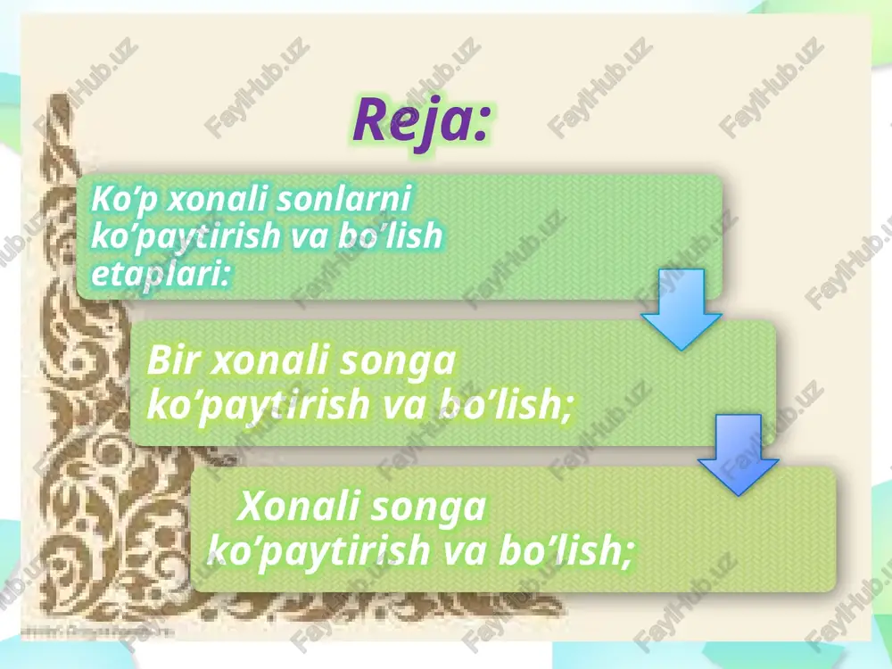 k 2400 , yoki 700  5 = 7 ta yuzlik  5 = 35 ta yuzlik = 3 ta minglik 5 ta yuzlik tayyorgarlik ishlaridan keyin yozma ko’paytirishga o’tish tavsiya etiladi. o’qituvchi to’rt xonali, besh xonali va olti xonali sonlarni ko’paytirishdek bir xonali sonni birinchi ko’paytuvchi birliklari ostiga yozib, "ustun" qilib yozishni bajarish va ko’paytirishni birliklarni ko’paytirishdan boshlash mumkinligini tushuntiradi. 2937 x 3 ko’paytirishning ikkinchi holi (usuli) bilan tanishtirishga tayergarlik sifatida nolni ko’paytirish va nolni qo’shish qoidasini takrorlash kerak , bunda o’quvchilarga bunday misollar berish kerak: 0 o’nl. ● 4 + 0 yuzl: 0 o’nl.● 5 + 4 o’nl , 0 yuzl. ● 4 + 3 yuzl va hokazo. 804 ni 9 ga ko’paytirish kerak: 804 x 9 to’la tushuntirish: ko’paytuvchi 9 ni birinchi ko’paytuvchining birliklari ostiga yoziladi, 4 birlikni 9 ga ko’paytiraman 36 ta birlik chiqadi, bu 3 ta o’nlik va 6 ta birlik 6 birlikni birliklar ostiga …