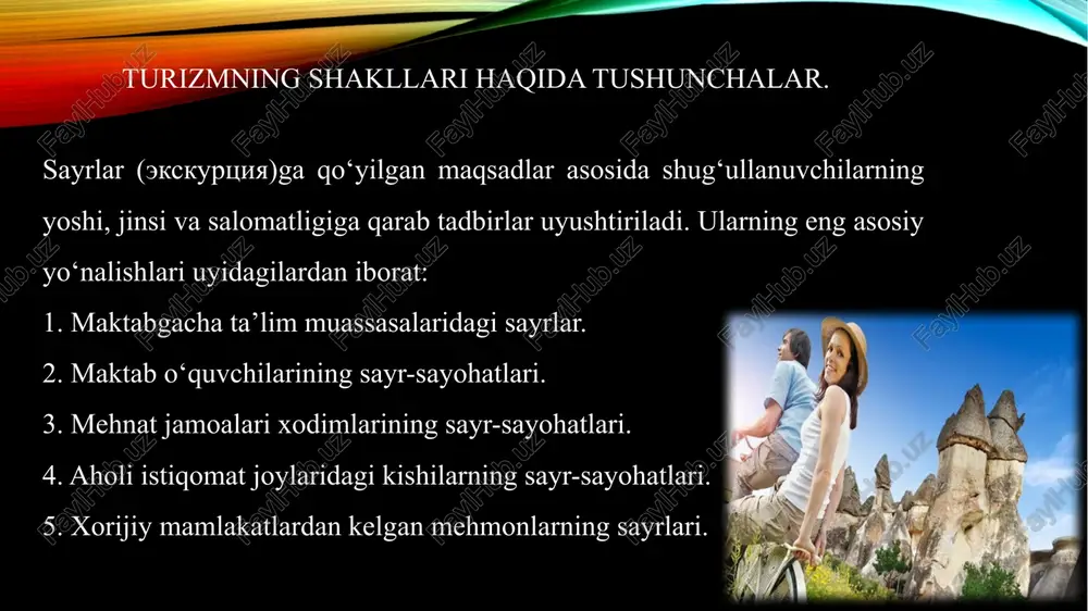 ‘i, qayiq va shu kabi vositalar yordamida jismoniy chiniqish, o‘lkani o‘rganish, ijtimoiy-foydali mehnat qilish maqsadida uyushtiriladi. turizmning turlari juda xilma-xil bo‘lib u amalda tobora ortib bormoqda. jismoniy tarbiya nuqtai nazaridan olib qaralganda, ularni tayyorgarlik, haqiqiy turistik va ommaviy targ‘ibot poxodlariga ajratish mumkin. tayyorgarlik poxodlari poxod harakatlari va organizmni katta va uzoq muddatli poxodlarga tayyorlash, ularda ishtirok etishga hozirlashda asosiy vazifalarini o‘taydi. tayyorgarlik poxodlari jarayoniga sayr qilish, ekskursiya elementlarini kiritish zarur. bu bosqichning asosiy mazmunida turistik qoidalar, poxod turmush sharoiti, yurish texnikasi, maxsus turistik faoliyatlar, yo‘lni avvaldan o‘rganish, razvedka qilish, dam olish joylarini tanlash va uni tayyorlash, kechki dam olish va tunashni uyushtirish, gulxan yoqish va shu kabi sohalarni o‘rganish yotadi. chidamlilik, kuchlilik, tezlik va boshqa jismoniy sifatlarni ham oshirish murakkab poxodlarda ishtirok etishni ta’minlaydi. sport poxodlari – bu asosan sportga taalluqlidir; bunday hollarda murakkab poxodlarning qiyinchilik darajalari, masofaning uzunligi, tabiiy to‘siqlarning qiyinchilik darajalari, aholi yashaydigan joylarga yetib borish tartiblari, sinovli …