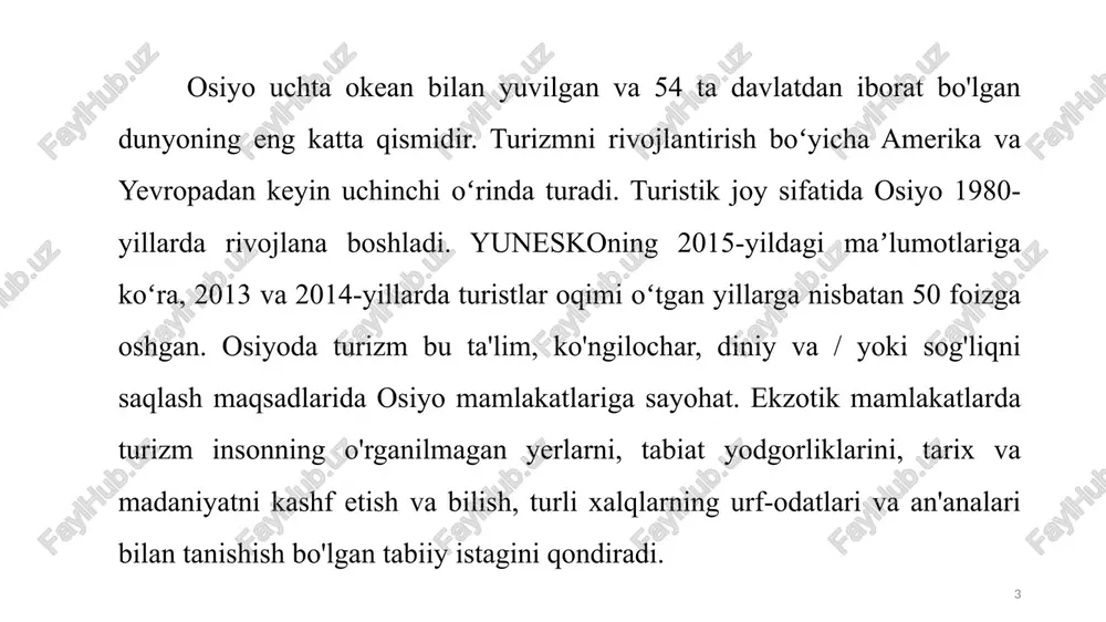 zonaga eng mos keladi, chunki sharqiy osiyo uzoq vaqt davomida chet elliklar uchun yopiq bo'lib kelgan. bu erda xitoy alohida o'rin tutadi, bu erda butun yer aholisining 1/5 qismi to'plangan va evrosiyoning deyarli barcha kenglik zonalari va balandlik zonalari joylashgan. umuman olganda, butun sharqiy zona 4 ta turistik makrotumanga bo'lingan: 1. yaponiya tokio), 2. koreya hududi: kxdr (pxenyan) va koreya respublikasi (seul); 3. shimoli-sharqiy va sharqiy xitoy: xeylunszyan, ichki moʻgʻuliston, lyaoning, xebey (pekin), shansi, xenan provinsiyalari; 4. janubiy xitoy: shandong, jiangsu, anhui, jiangxi, hunan, xubei, fujian, zhejiang, guangdong, guizhou, sichuan, yunnan, xaynan, guangxi chjuang avtonom viloyati, aomen, sianggang, tayvan). 11 markaziy osiyo tabiiy va etno-konfessional ekzotizm nuqtai nazaridan eng qiziqarli zonadir. quruq va cho'l baland tog'li platolar, saqlanib qolgan o'simlik va hayvonot dunyosi, qadimgi ko'chmanchi madaniyat yodgorliklari, shuningdek, faol lamaistlar va buddistlar ibodatxonalari - bularning barchasi o'rta osiyoni chet ellik sayohatchilar nazarida nihoyatda jozibali qiladi. zona quyidagilarga bo'linadi: gʻarbiy xitoy: …